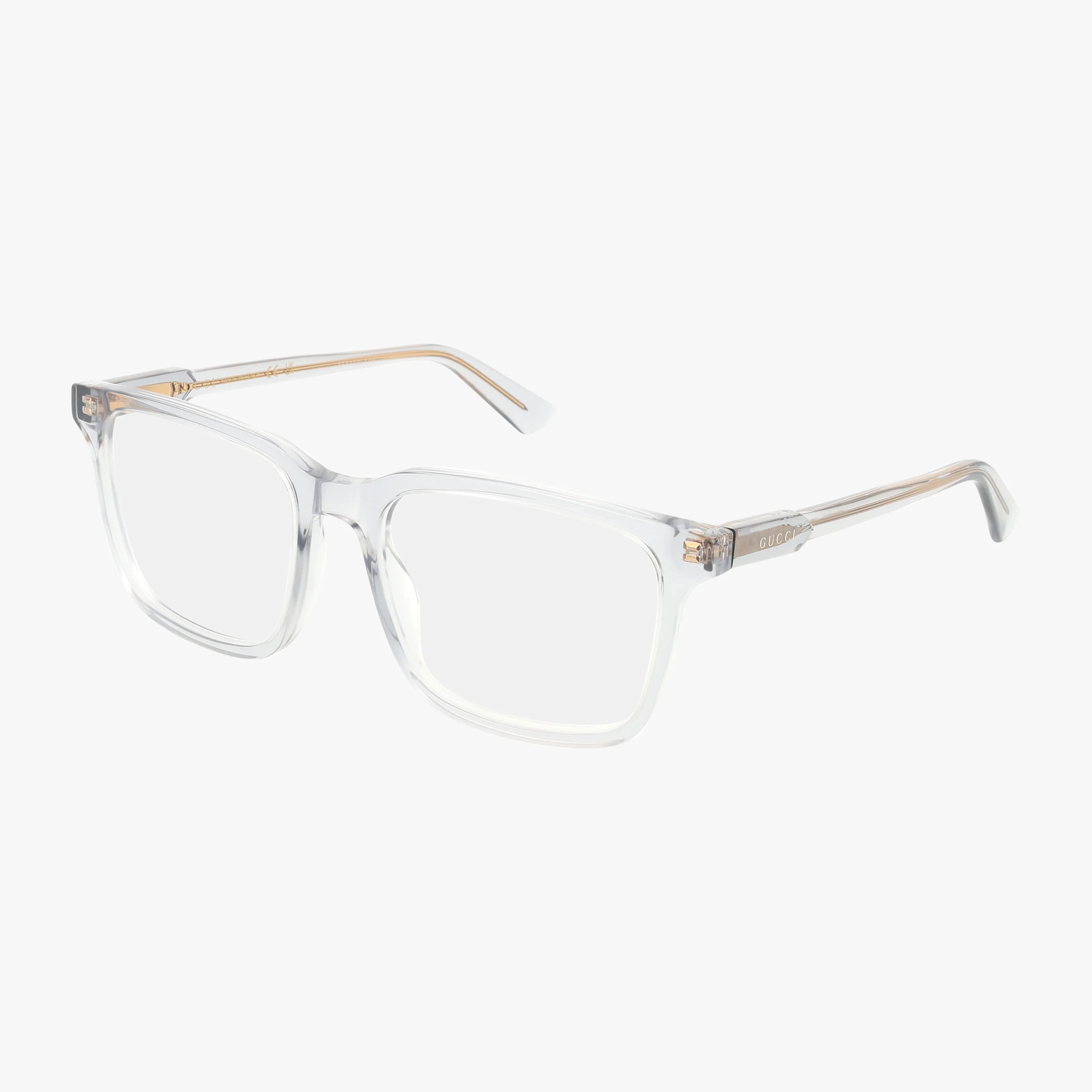 GG1120O clear rectangular eyeglasses with slightly rounded edges and a sturdy frame, featuring transparent prescription lenses, are displayed at an angle against a white background.