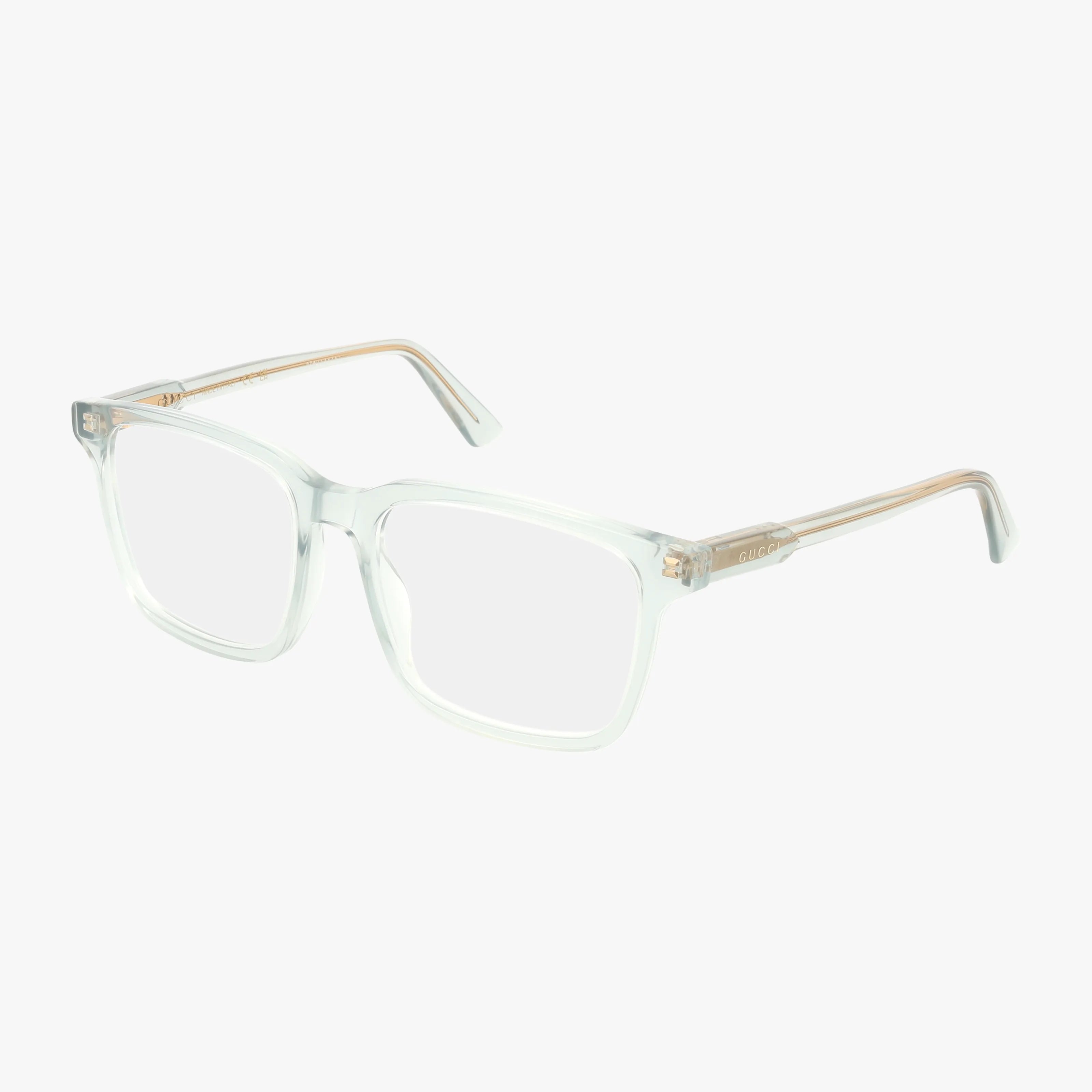 The GG1120O eyeglasses feature clear rectangular prescription lenses, a sturdy frame, and light beige arms. Displayed on a white background at a slight angle.