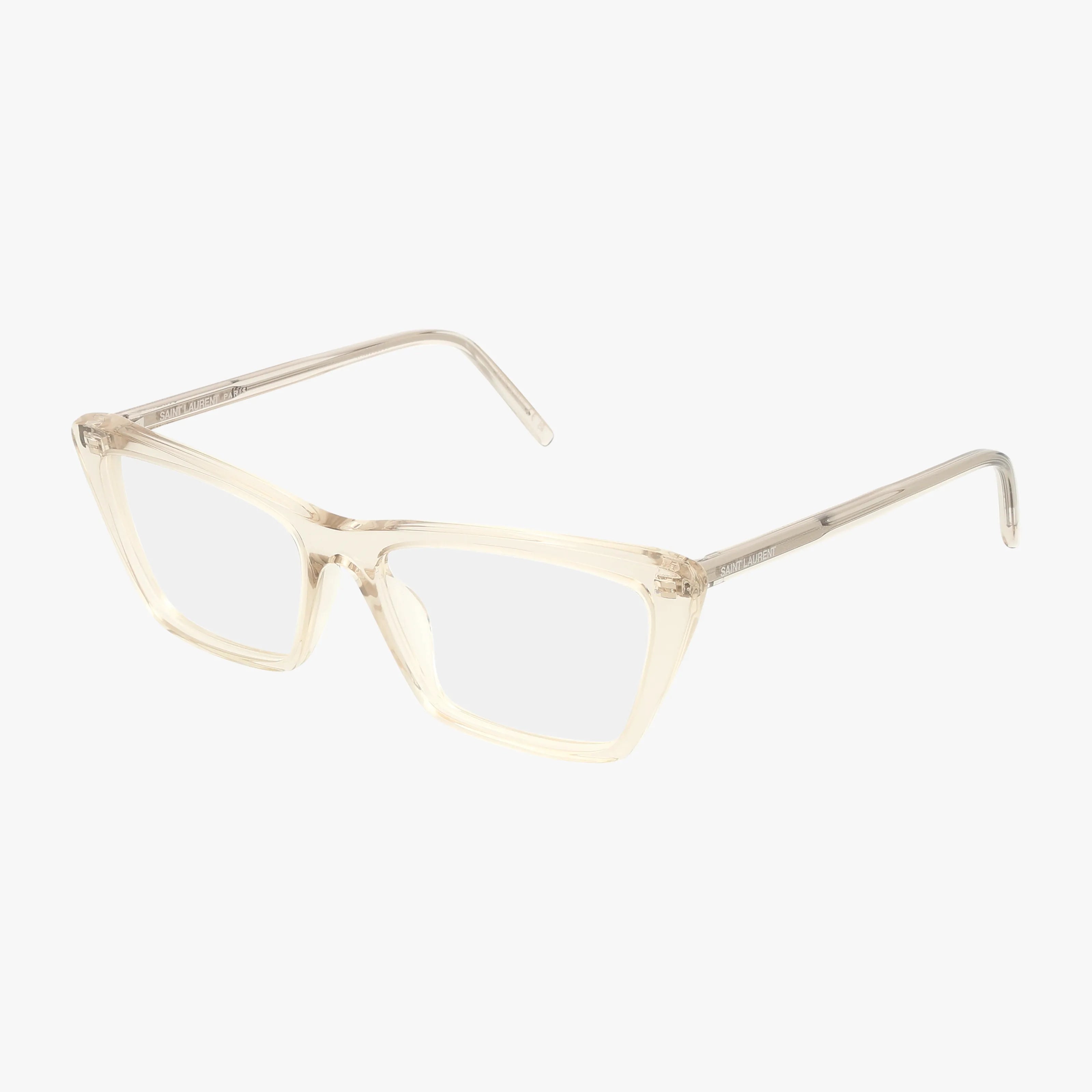 The SL 737 MICA THIN OPT is a clear, rectangular eyewear with a transparent light beige frame, displayed at an angle on a white background to show both the front and side of the design.