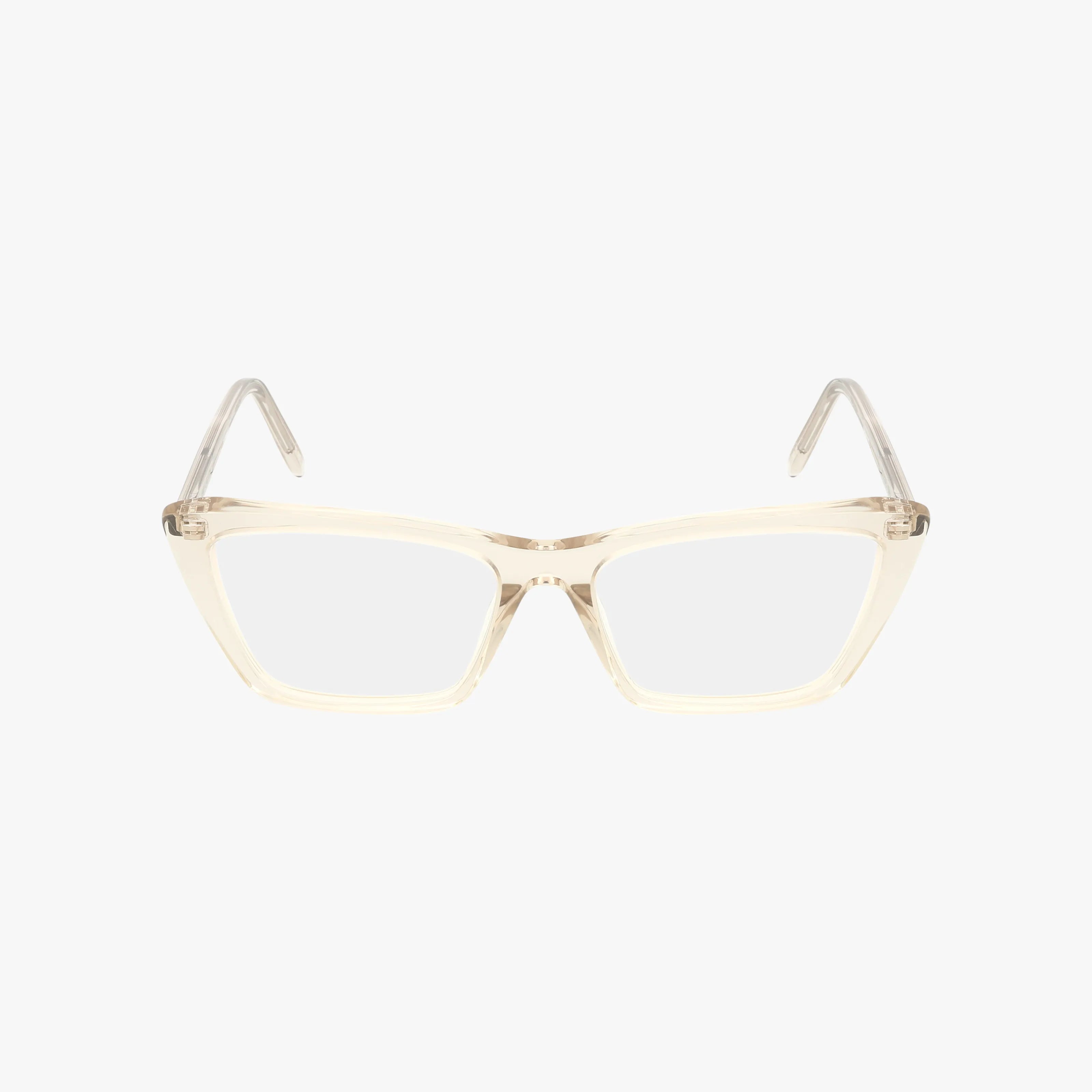 The SL 737 MICA THIN OPT are clear, rectangular eyeglasses featuring a stylish, slightly thick translucent beige frame—perfect to elevate your eyewear collection. Shown on a plain white background for easy online shopping.
