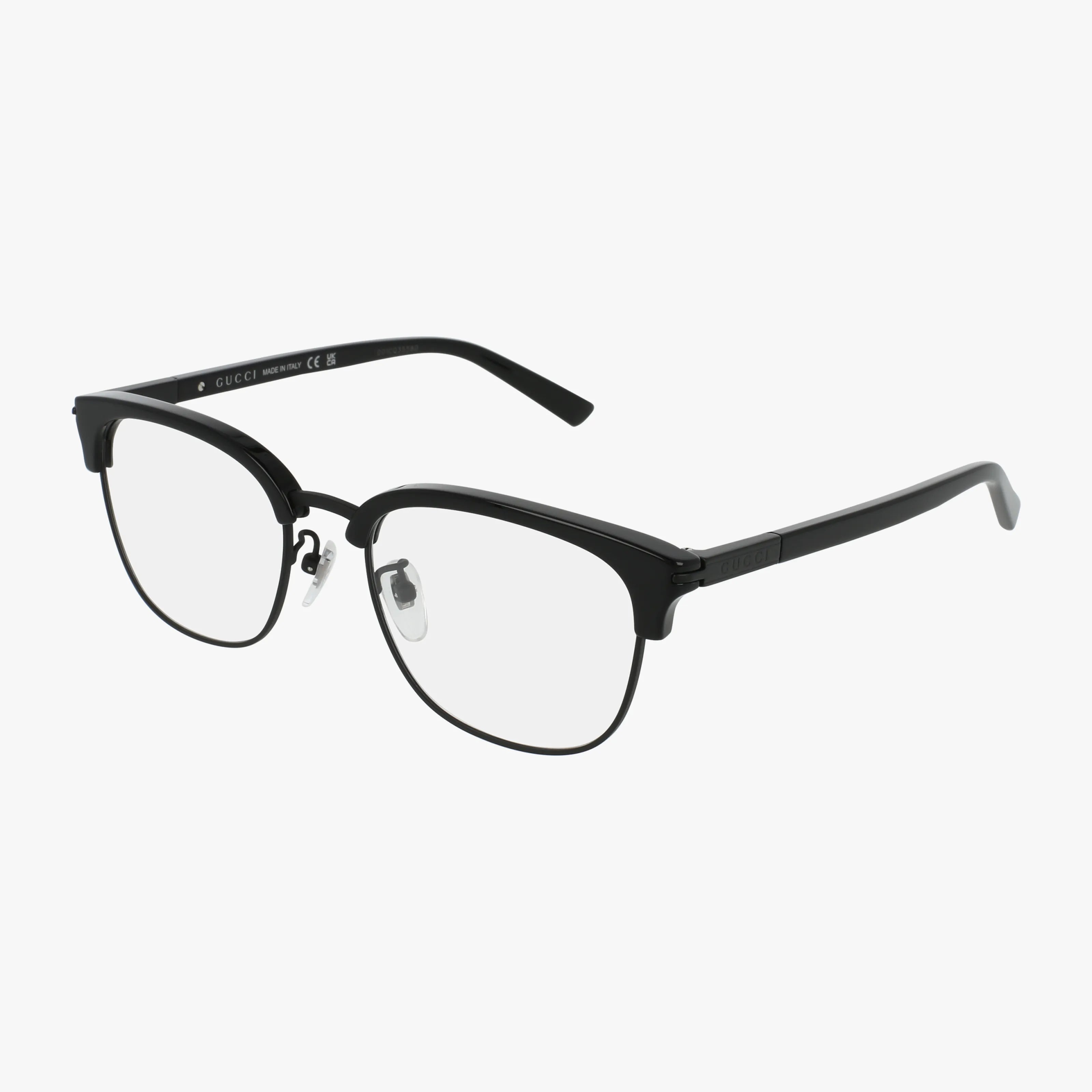The GG1901OA black semi-rimless eyeglasses feature clear lenses, a metal bridge, and adjustable nose pads for an elegant look, shown on a white background.