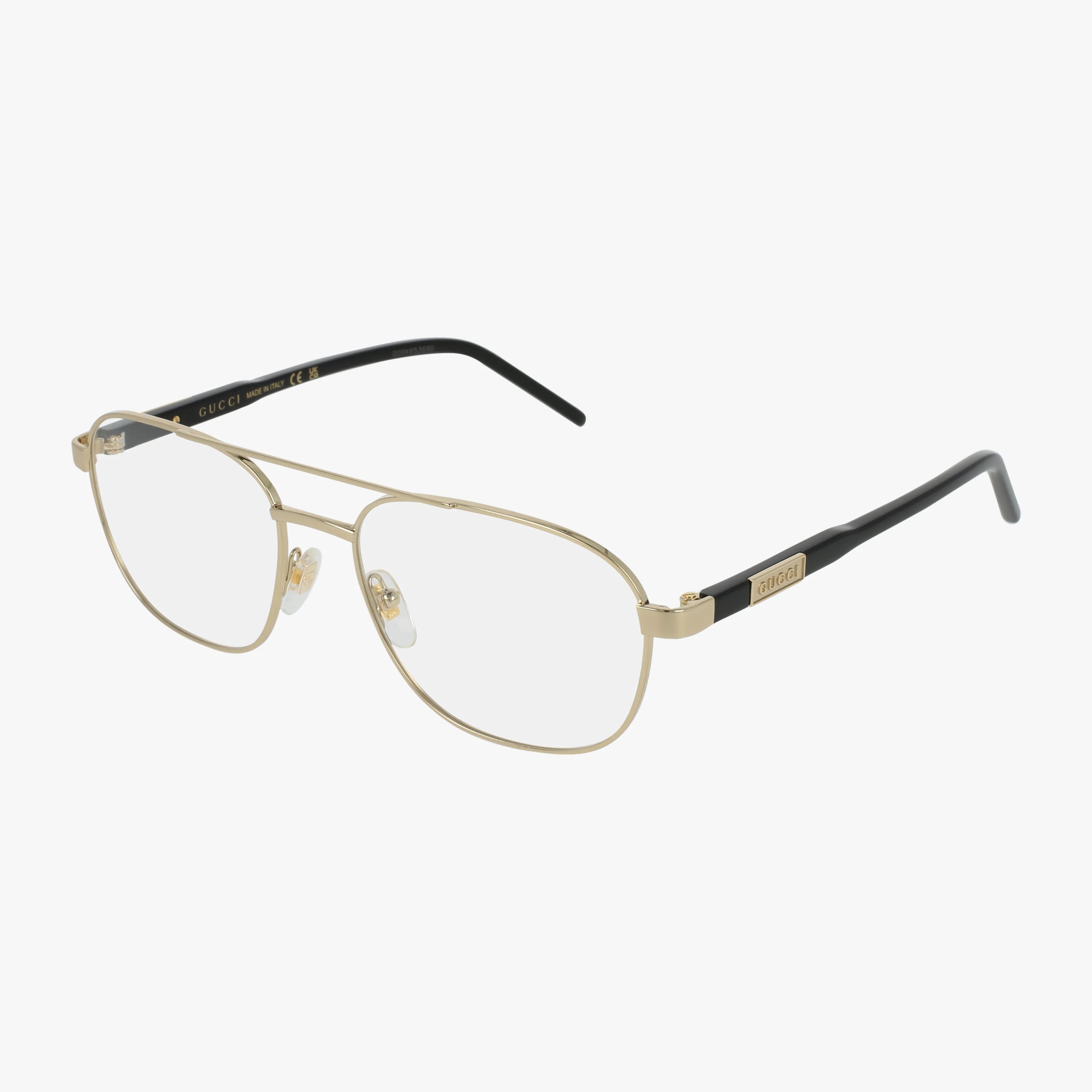 The GG1800O eyeglasses feature gold metal aviator-style frames with clear blue light lenses, black temple arms, GUCCI branding, adjustable nose pads, and a modern, durable design for stylish eyewear.
