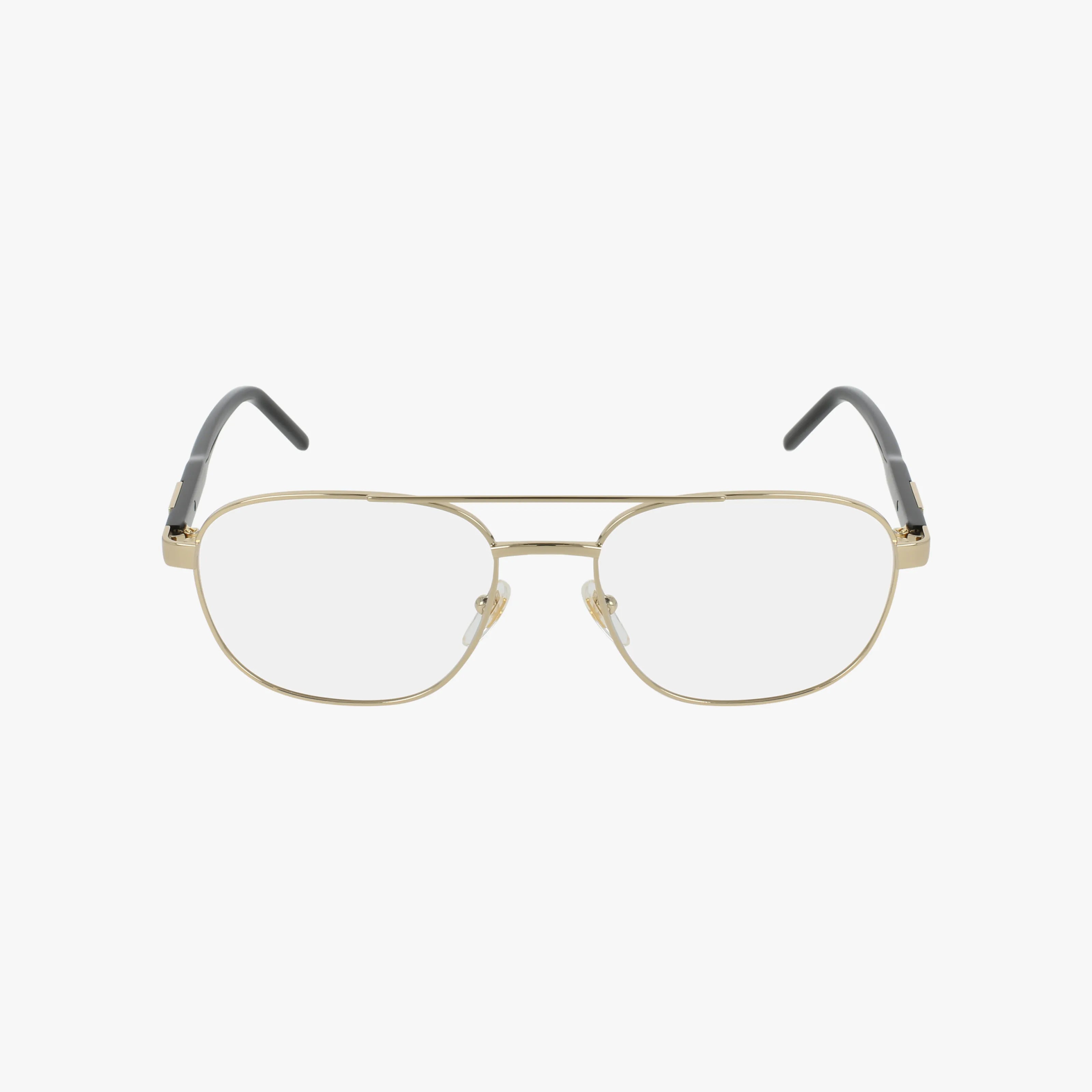The GG1800O eyeglasses feature gold metal aviator frames with clear lenses and black plastic arm tips, offering durability and style, displayed on a white background.