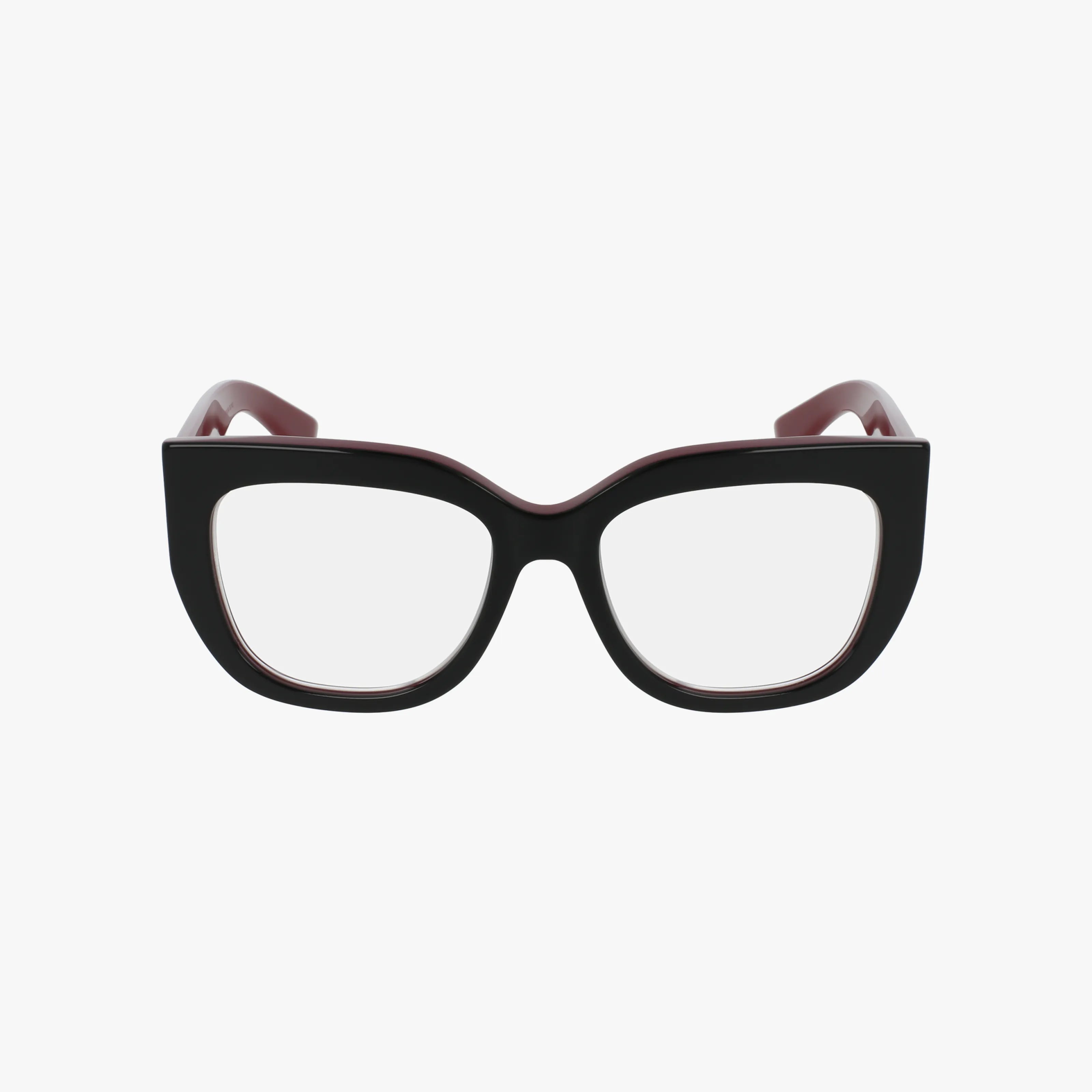 The GG1846O are black, thick-rimmed cat-eye eyeglasses with clear progressive lenses and a subtle dark red accent on the inner frame, displayed against a white background.