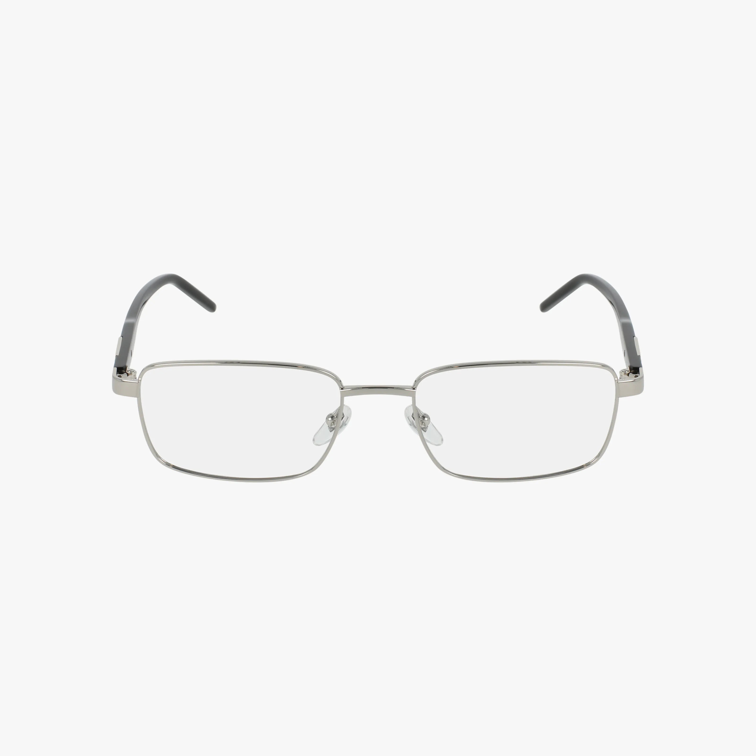 GG1801O rectangular metal eyeglasses feature thin silver frames, clear lenses, black temple tips, and adjustable nose pads, shown on a white background.