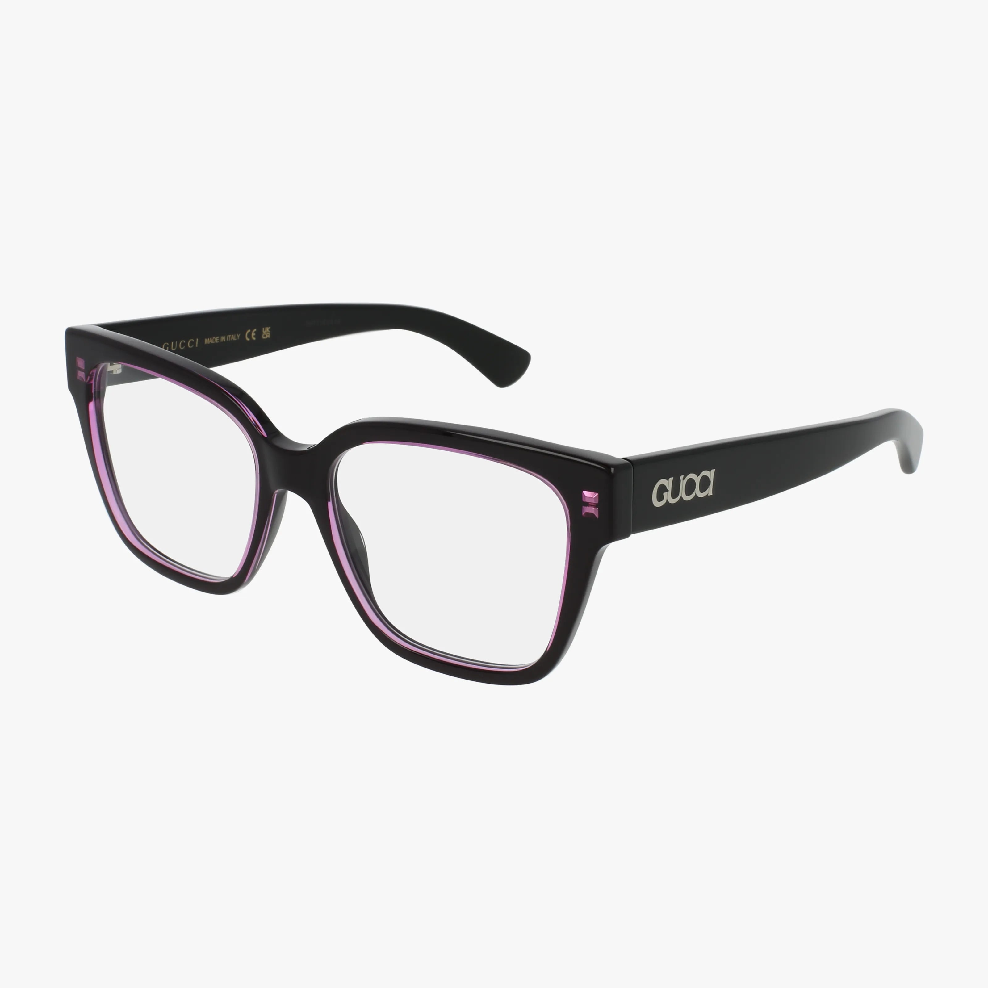 Modern black rectangular eyeglasses, model GG1791O, feature thick rims, a subtle purple inner edge, and the Gucci logo in white on the left temple—shown on a white background for easy online shopping.