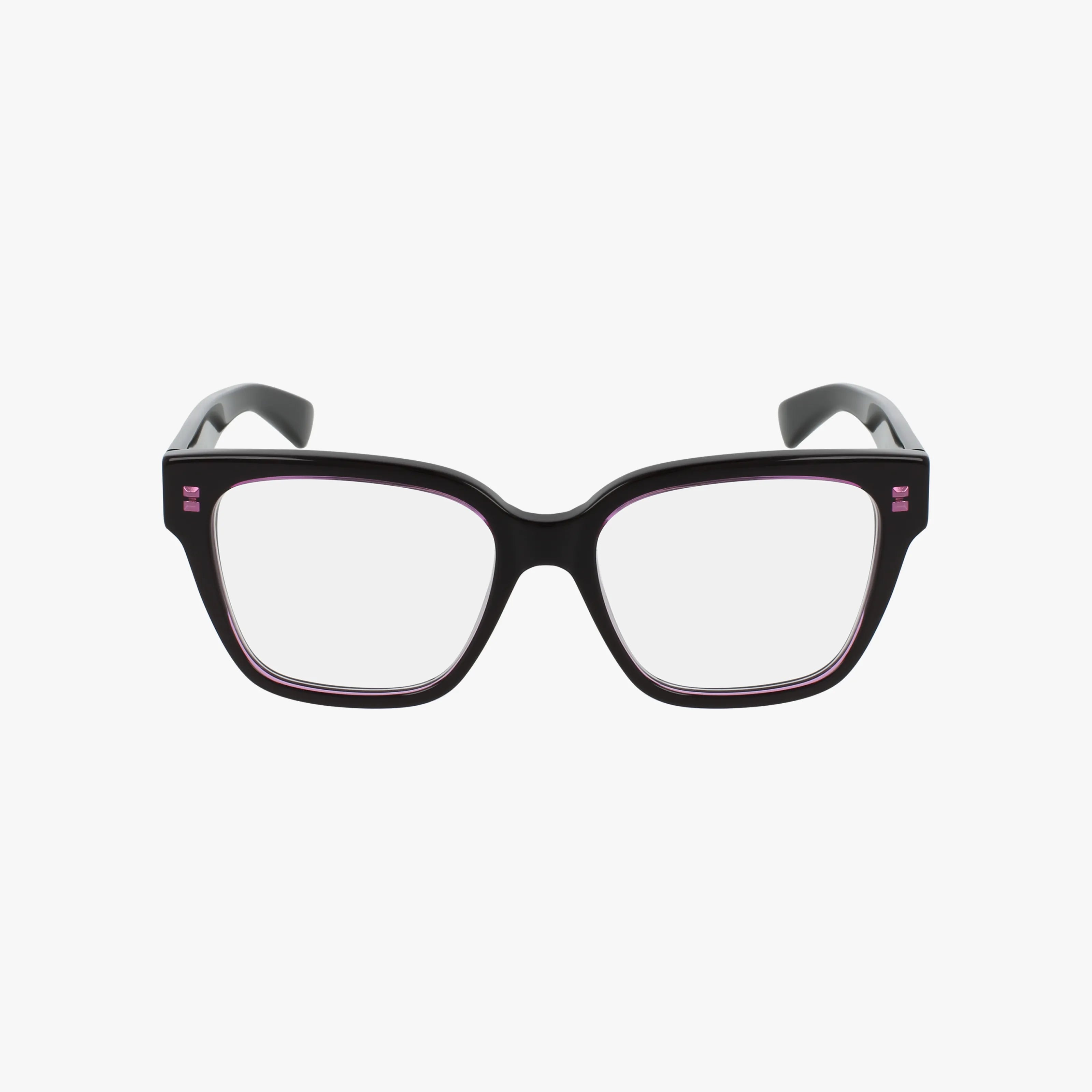 The GG1791O black rectangular eyeglasses feature thick frames, subtle purple accents on the inner edges, and clear lenses for a classic yet modern look, shown on a plain white background.