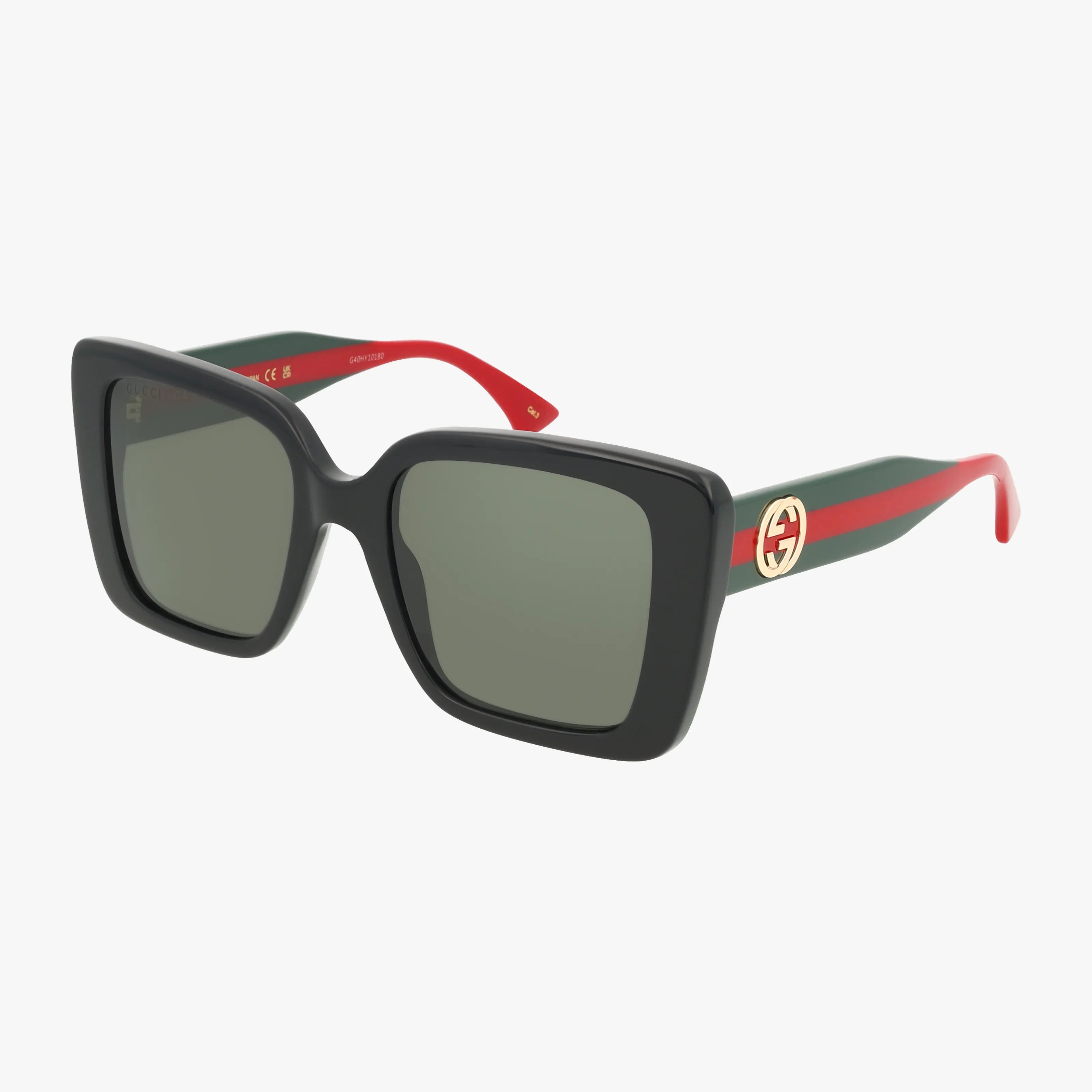 The GG1861S sunglasses feature a black square premium frame, green and red striped arms with a gold Gucci logo, red interior arms, and dark-tinted lenses offering excellent UV protection.