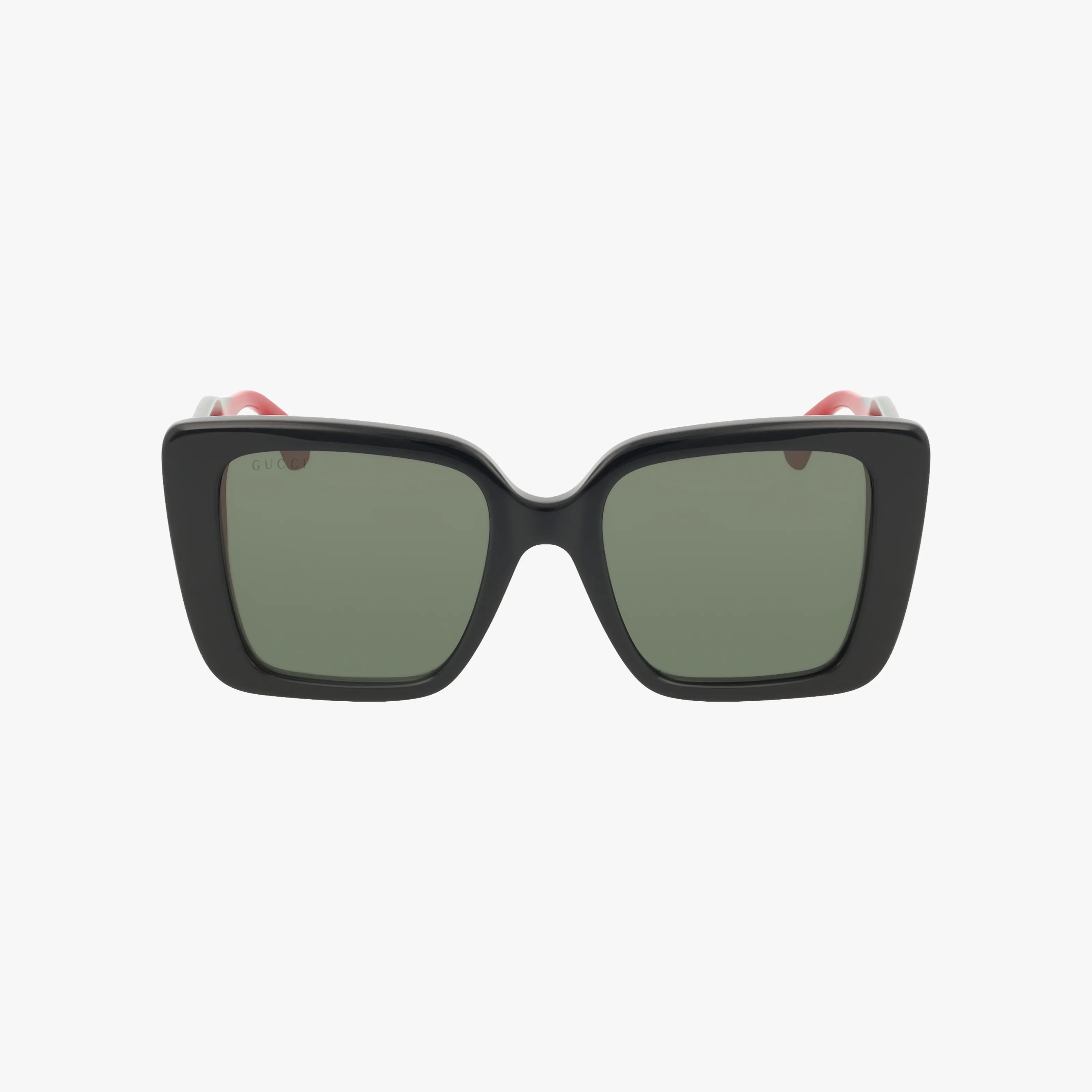 Front view of GG1861S premium sunglasses with black rectangular thick frames, dark green lenses, and red and white arms that provide excellent UV protection.
