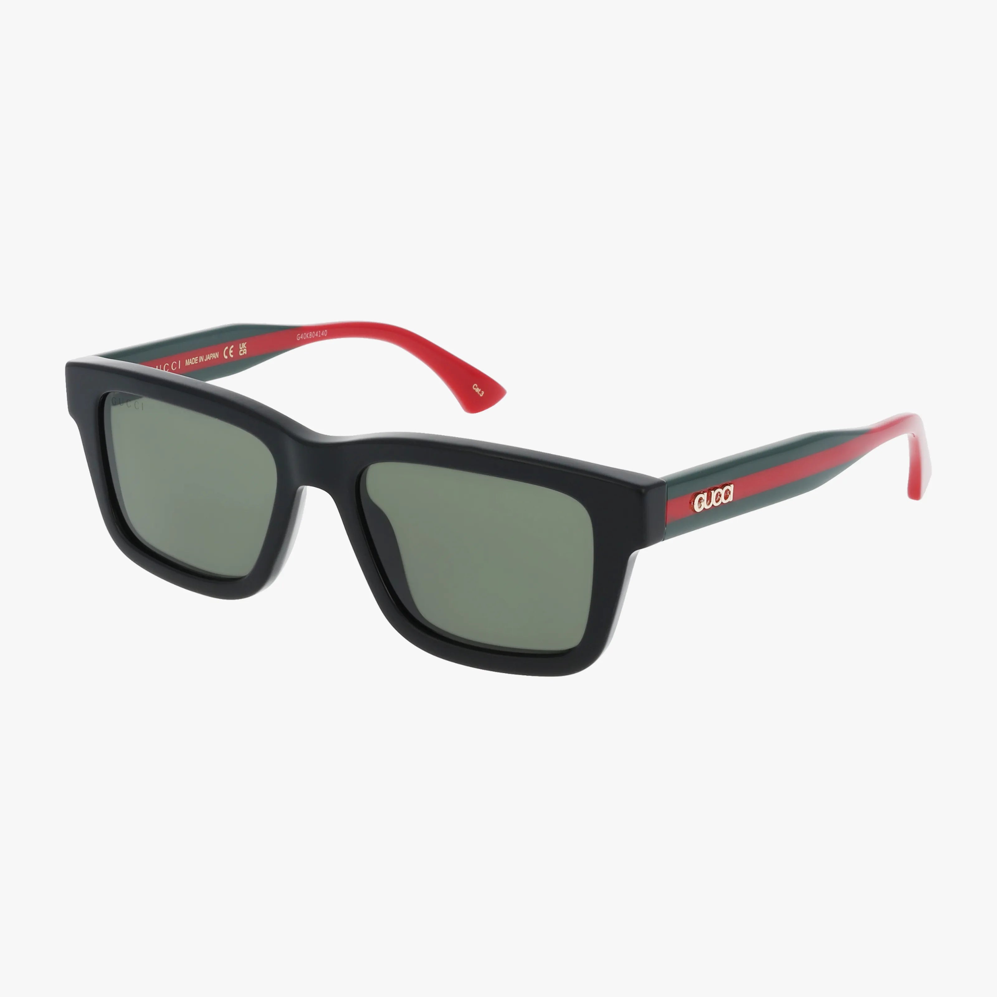 The GG1869S sunglasses feature a black rectangular frame with dark lenses, bold red arms, and a white Gucci logo on the temples. The striking red interior provides contrast and vision benefits for stylish outdoor elegance.