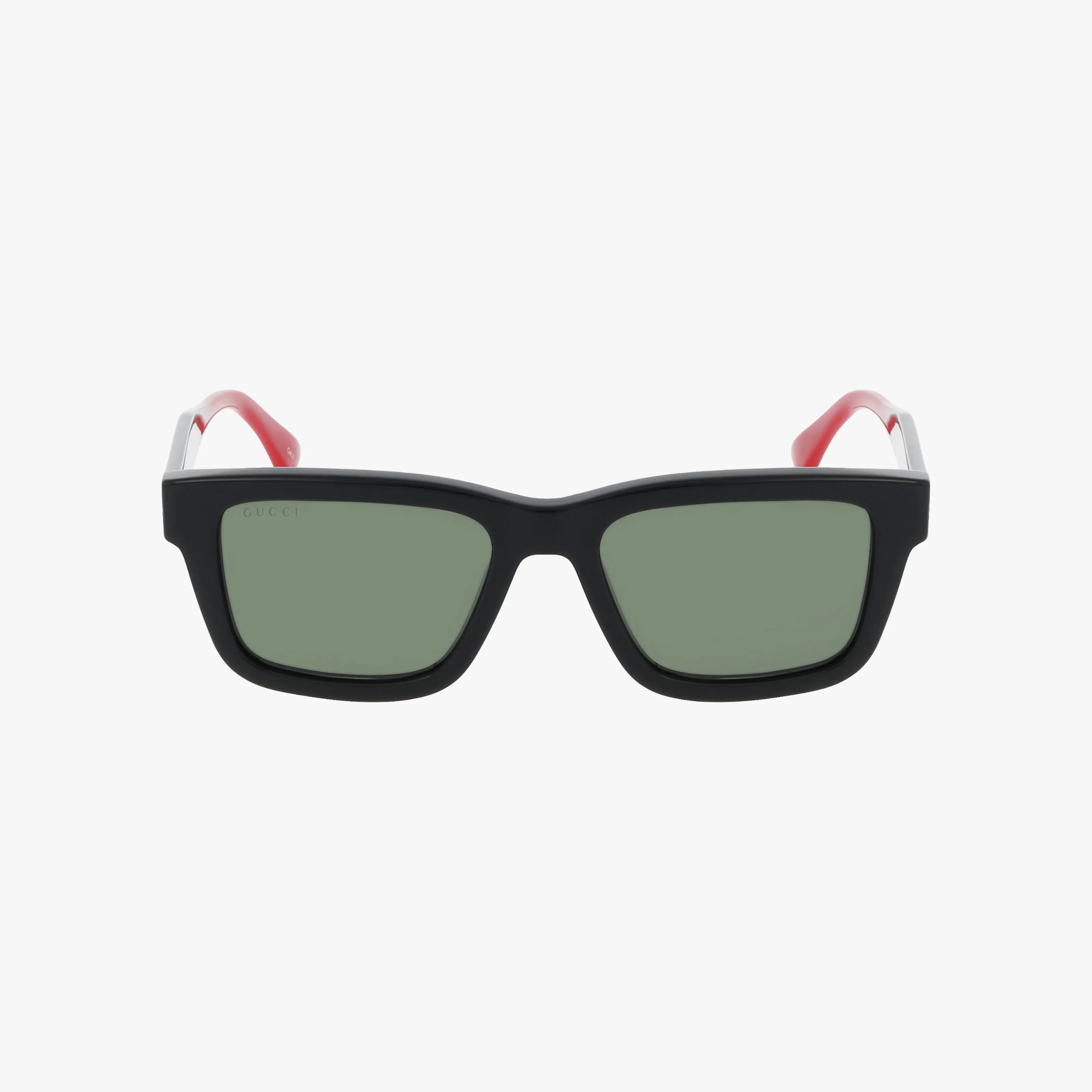 The GG1869S rectangular black sunglasses feature green lenses and red temple tips, offering outdoor elegance against a plain white background.