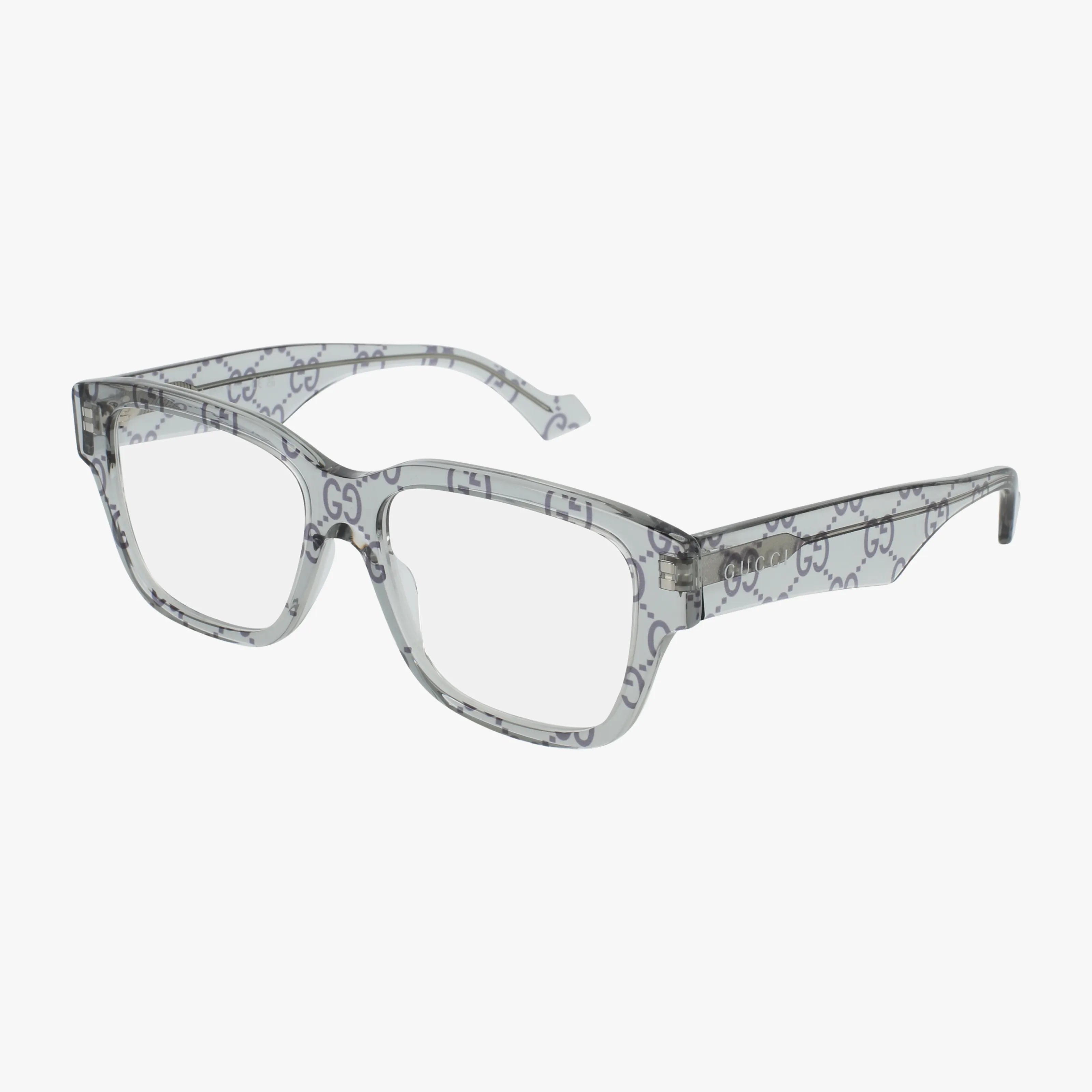 The GG1428O glasses feature clear rectangular lenses and lightweight, thick transparent frames adorned with an all-over gray GG logo pattern. Shown on a plain white background, these modern glasses blend style and sophistication.
