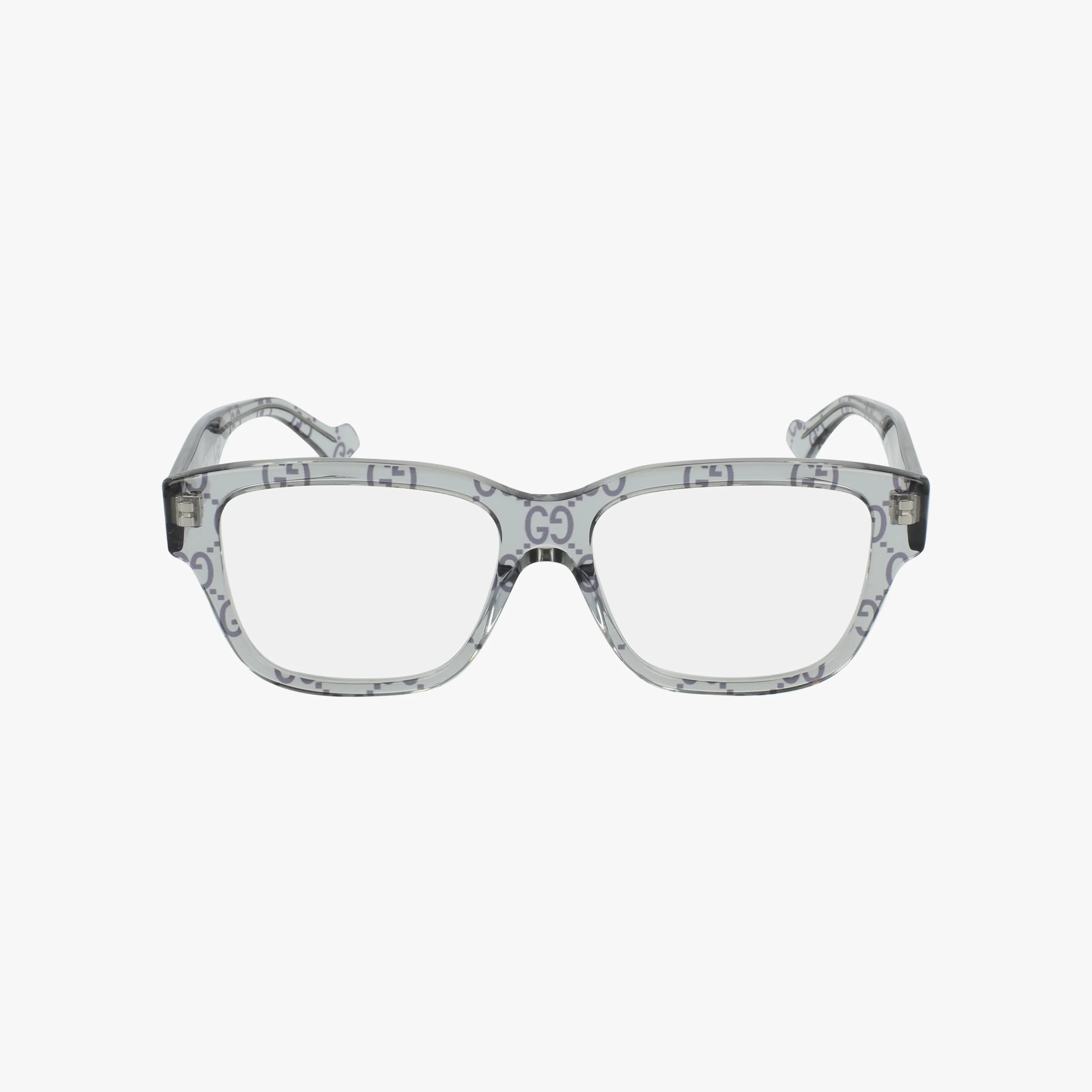 The GG1428O features a rectangular clear frame with a gray Gucci logo pattern, shown from the front on a white background.