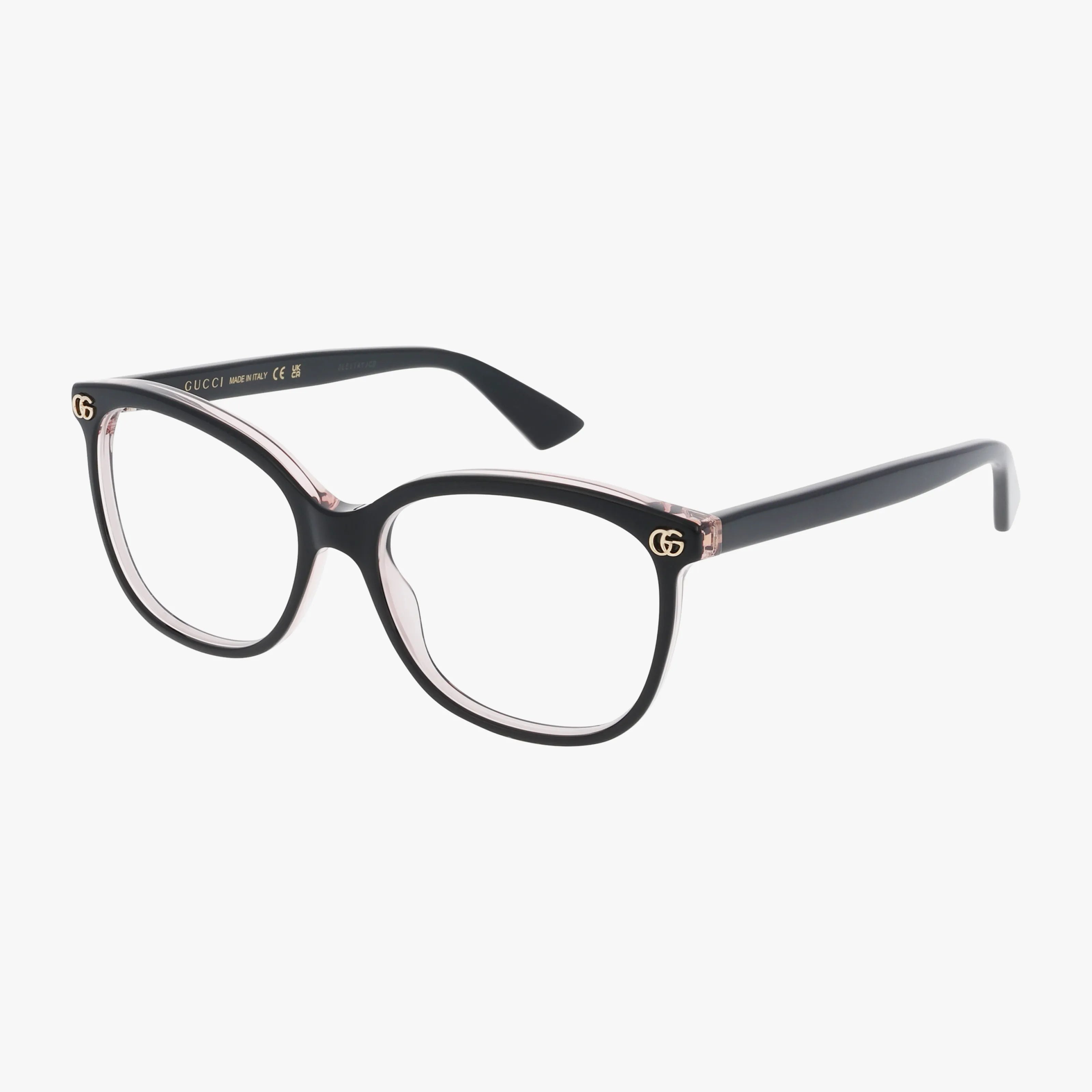 The Gucci GG1816O eyeglasses feature a black, lightweight frame with round lenses, subtle pink inner rim detailing, and gold GG logos on the upper corners, shown against a white background.