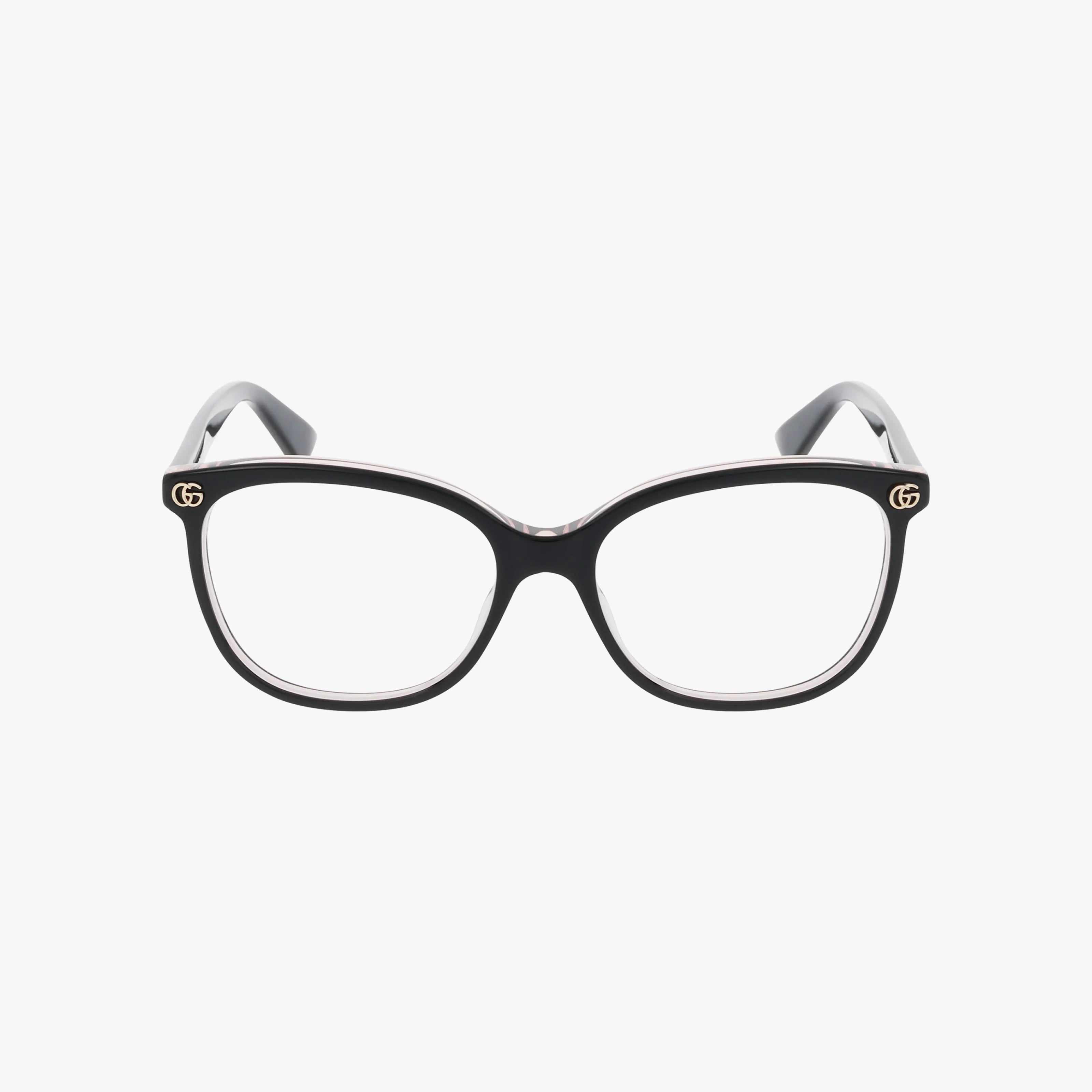 The GG1816O eyeglasses have black square frames, clear lenses, and small gold Gucci logos on the top corners, highlighting quality craftsmanship against a plain white background.