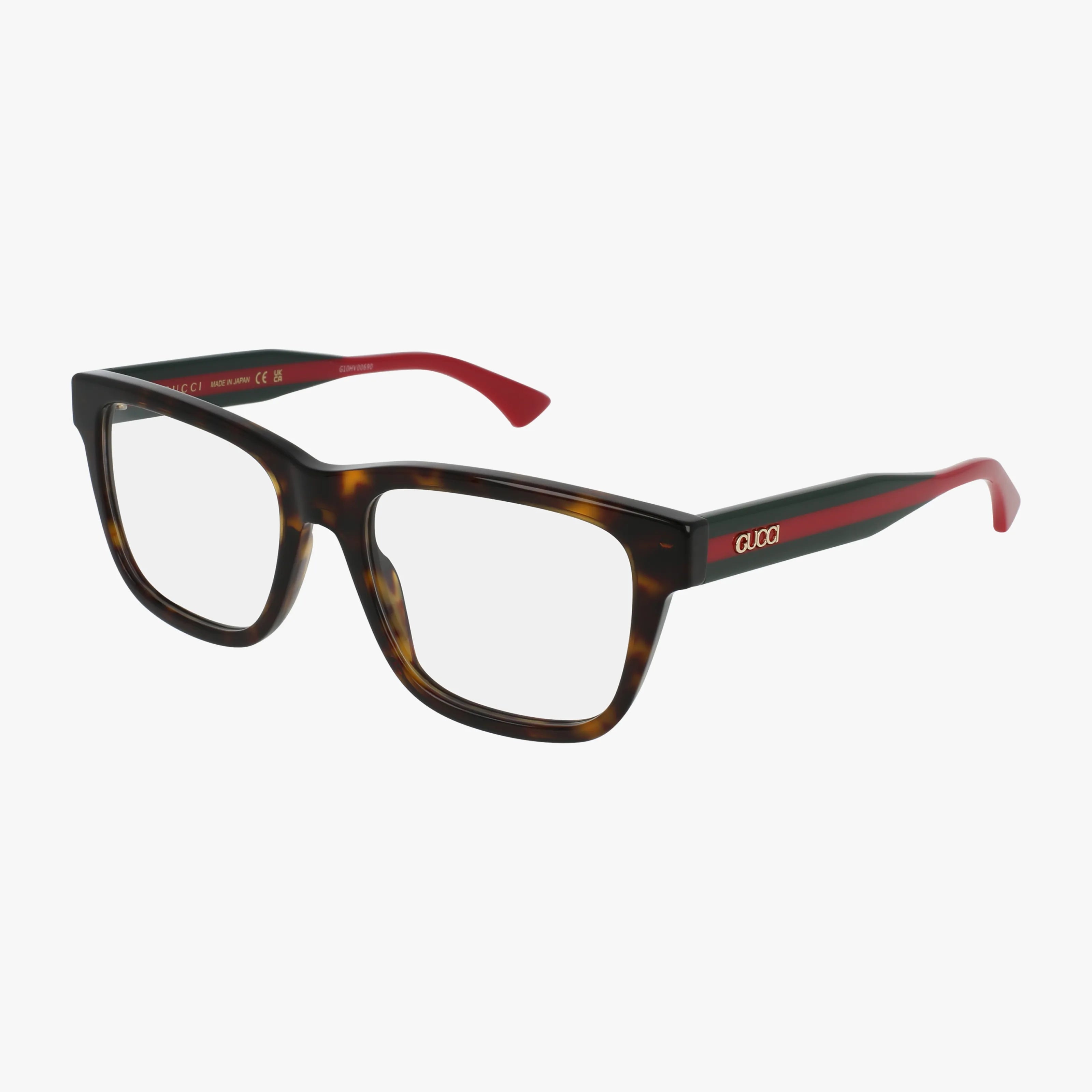 The GG1870O features tortoiseshell rectangular frames with thick rims, red temple tips, a red stripe on the arms, and the Gucci logo on the left arm. Compatible with Transitions lenses for strength and everyday versatility.