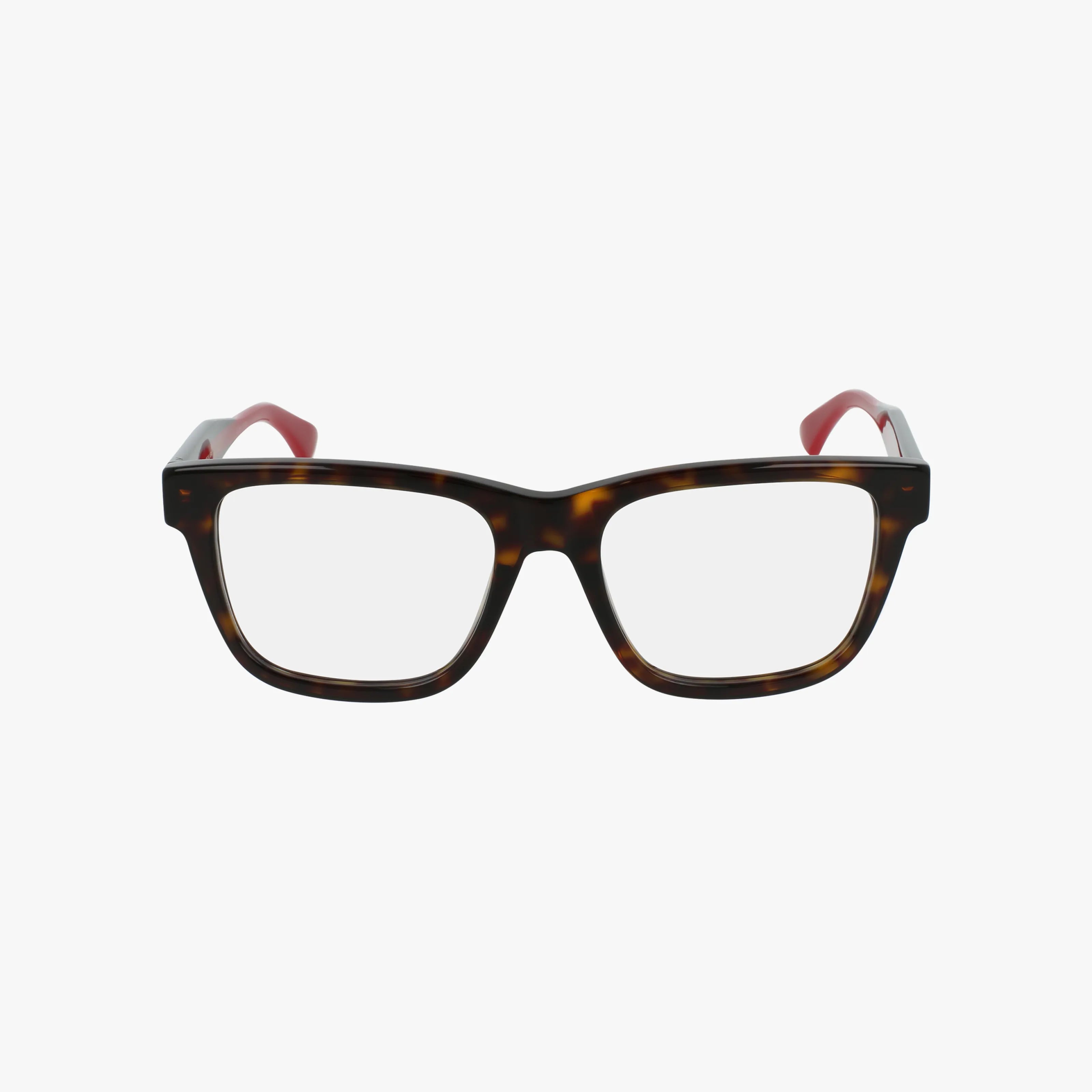 The GG1870O features rectangular eyeglasses with a brown tortoiseshell frame and red temple arms, equipped with Transitions lenses for enhanced style and versatility, displayed on a white background.