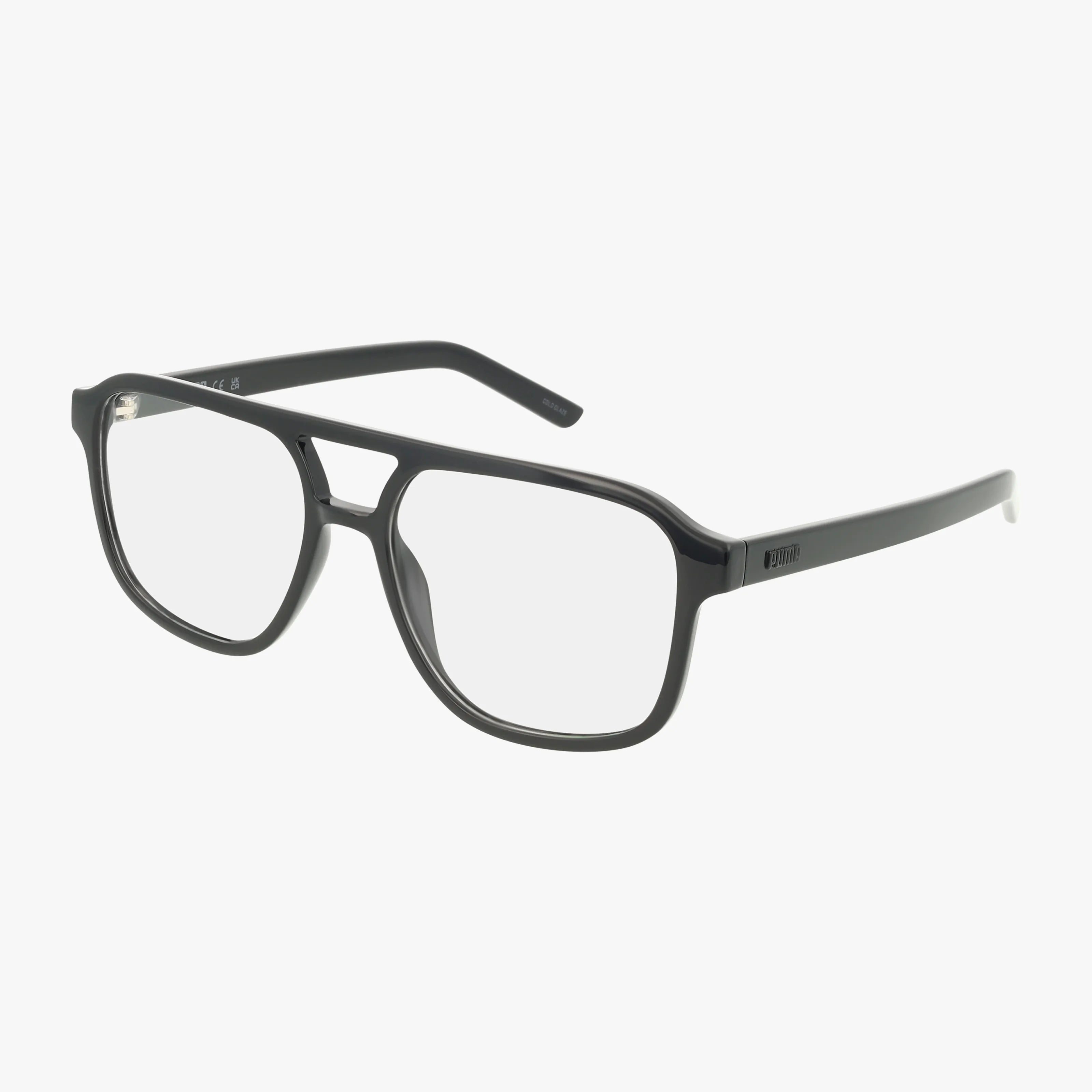 The PU0495O eyeglasses, with black rims, clear lenses, a slightly rectangular shape, and thin temples, are displayed on a white background—an elegant frame that exemplifies chic style.