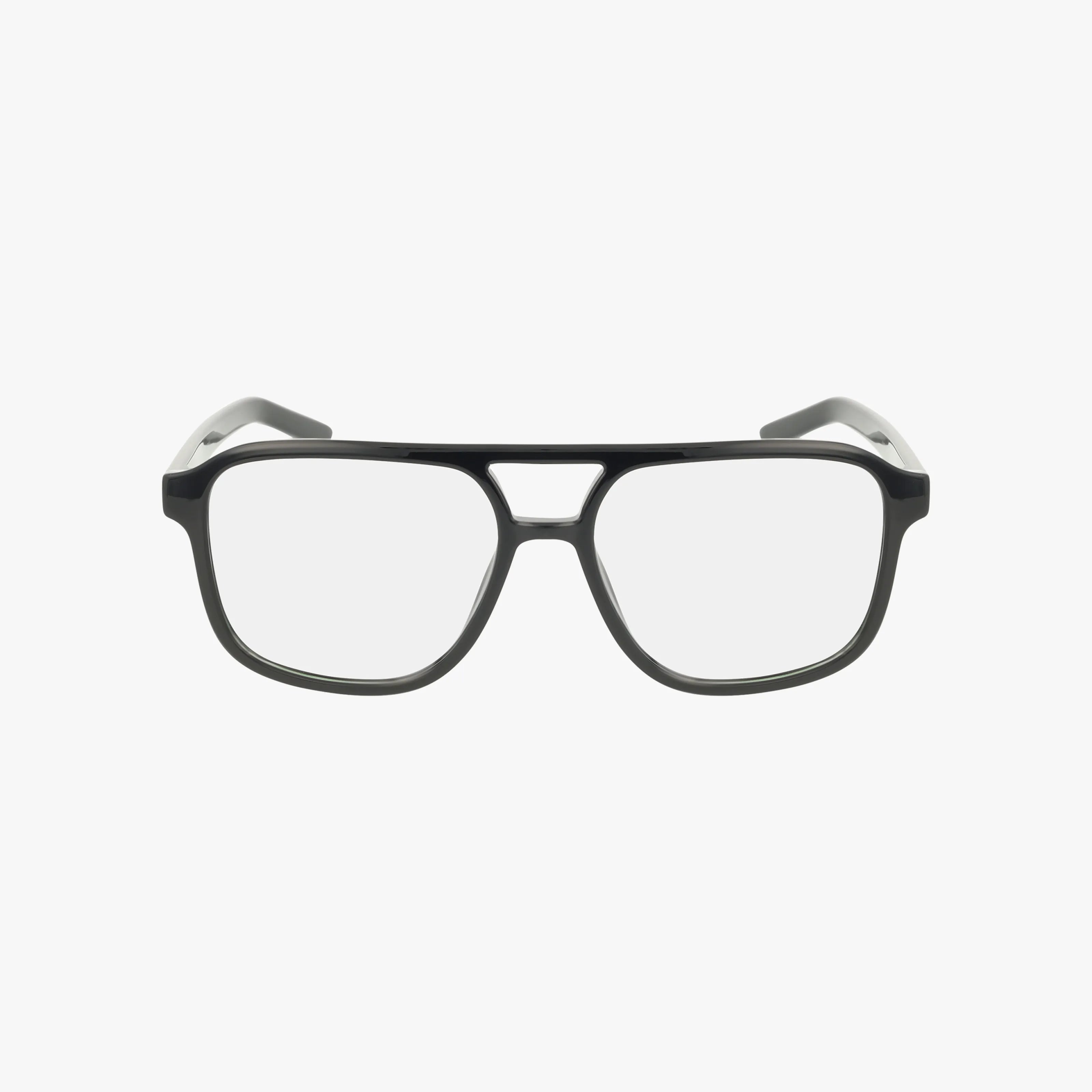 The PU0495O eyeglass frames feature black rims, a double bridge design, and clear lenses, offering a timeless look of sophistication. Displayed on a plain white background, they make an effortless statement of modern elegance.