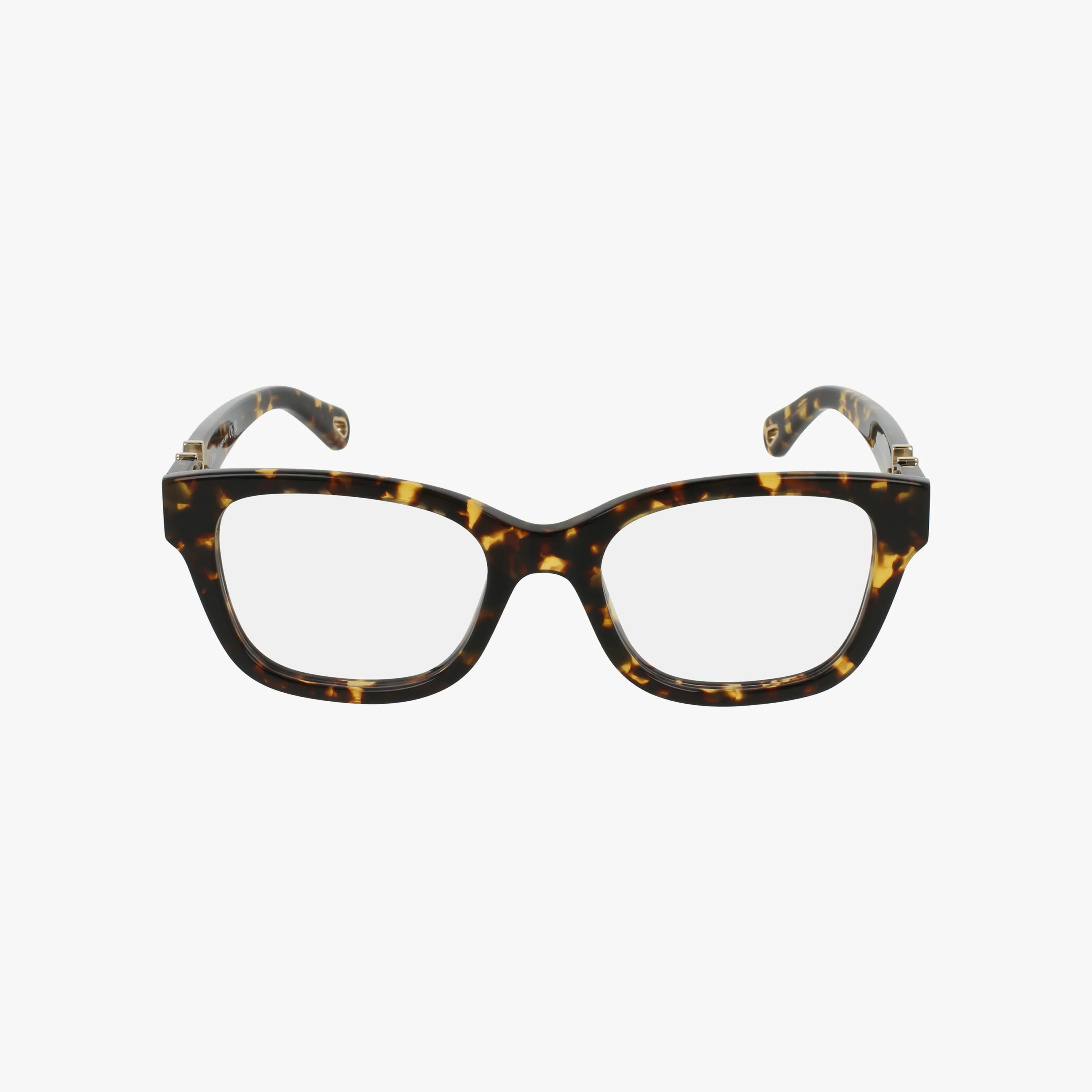 The CH0305O features rectangular eyeglasses with a tortoiseshell-patterned frame in brown and amber tones, displayed on a white background.