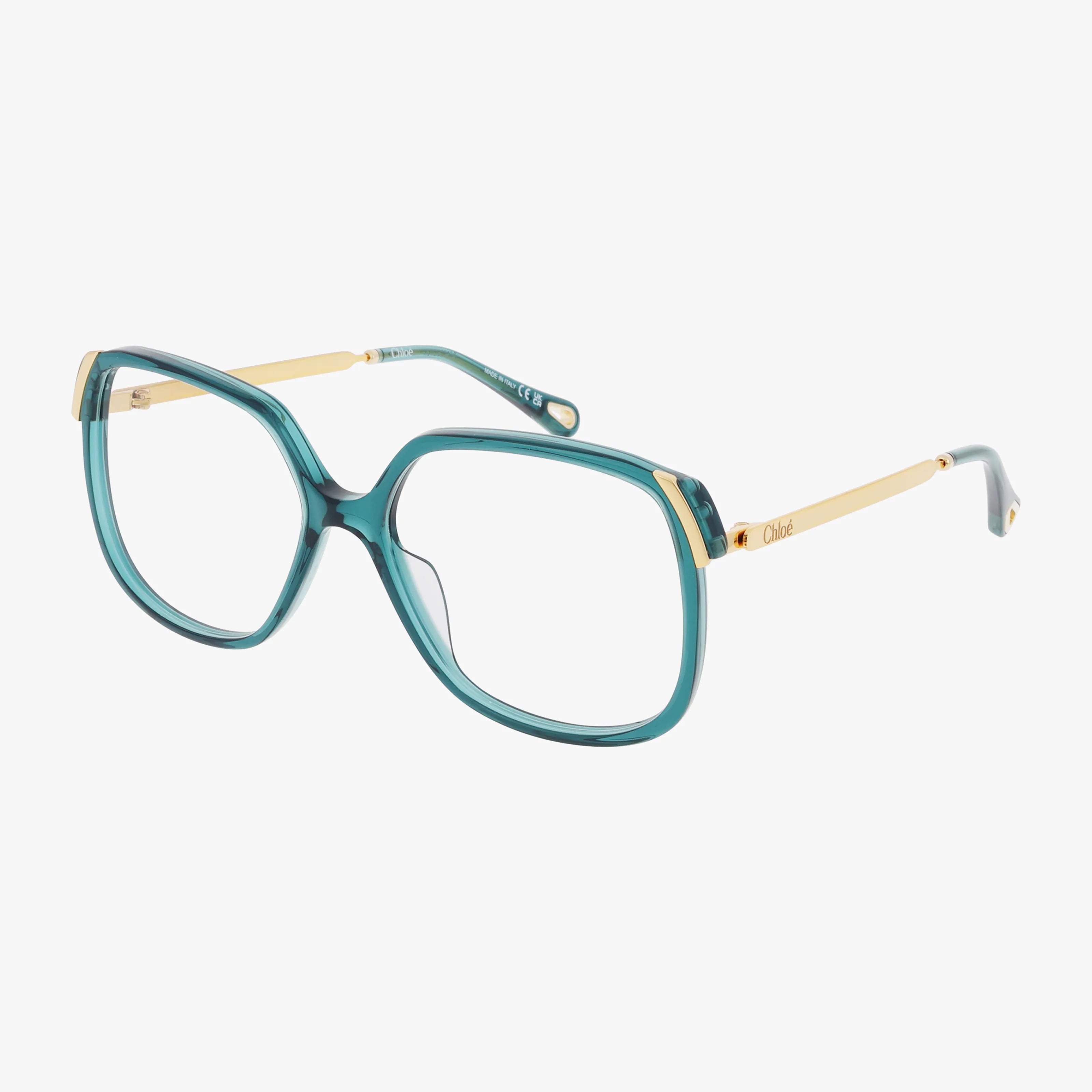 CH0287O teal oversized square eyeglasses with gold metal arms and clear lenses, shown on a white background. The modern frame displays the brand logo on the temple.