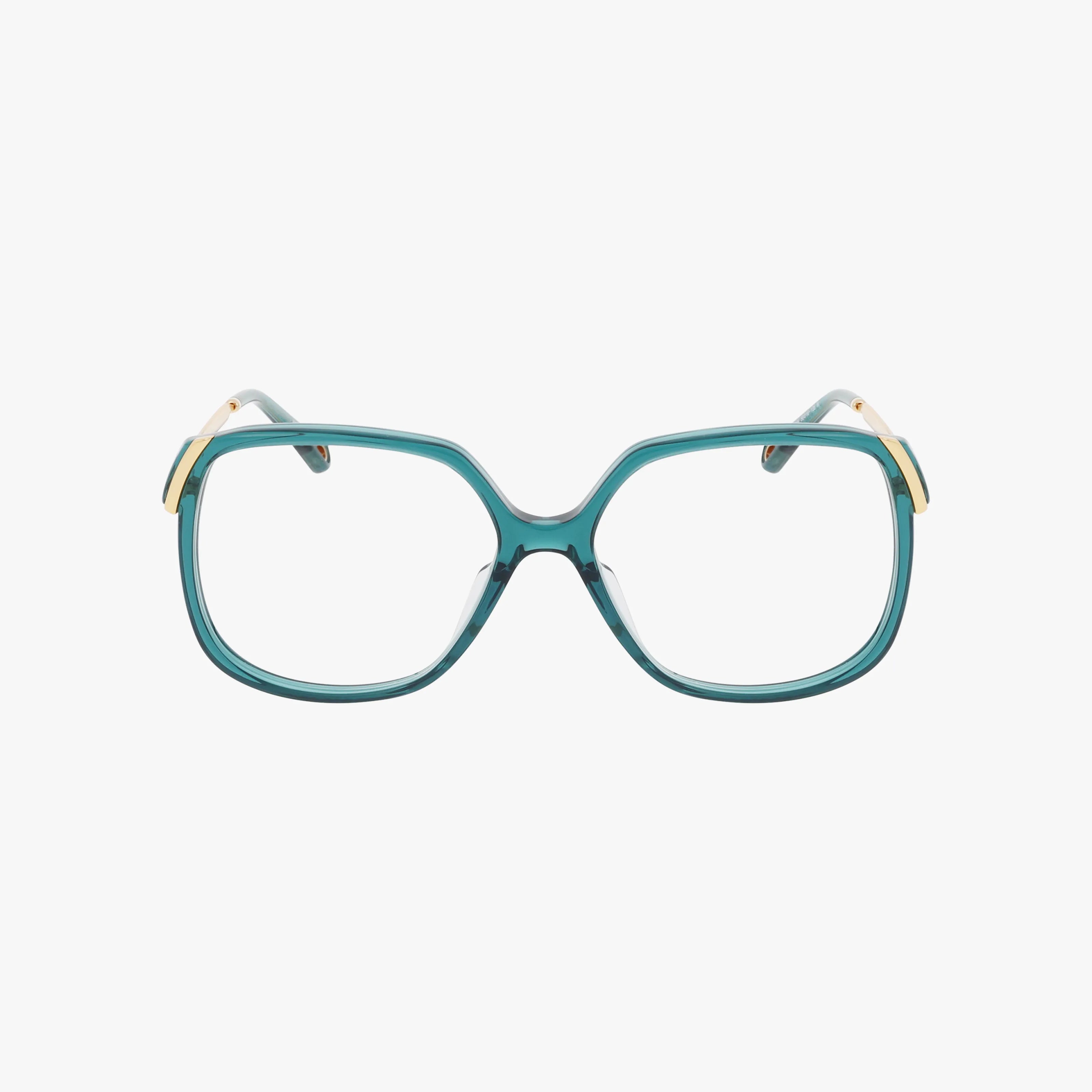 The CH0287O eyeglasses feature a teal, square-shaped frame with gold accents on the upper corners, displayed against a plain white background.