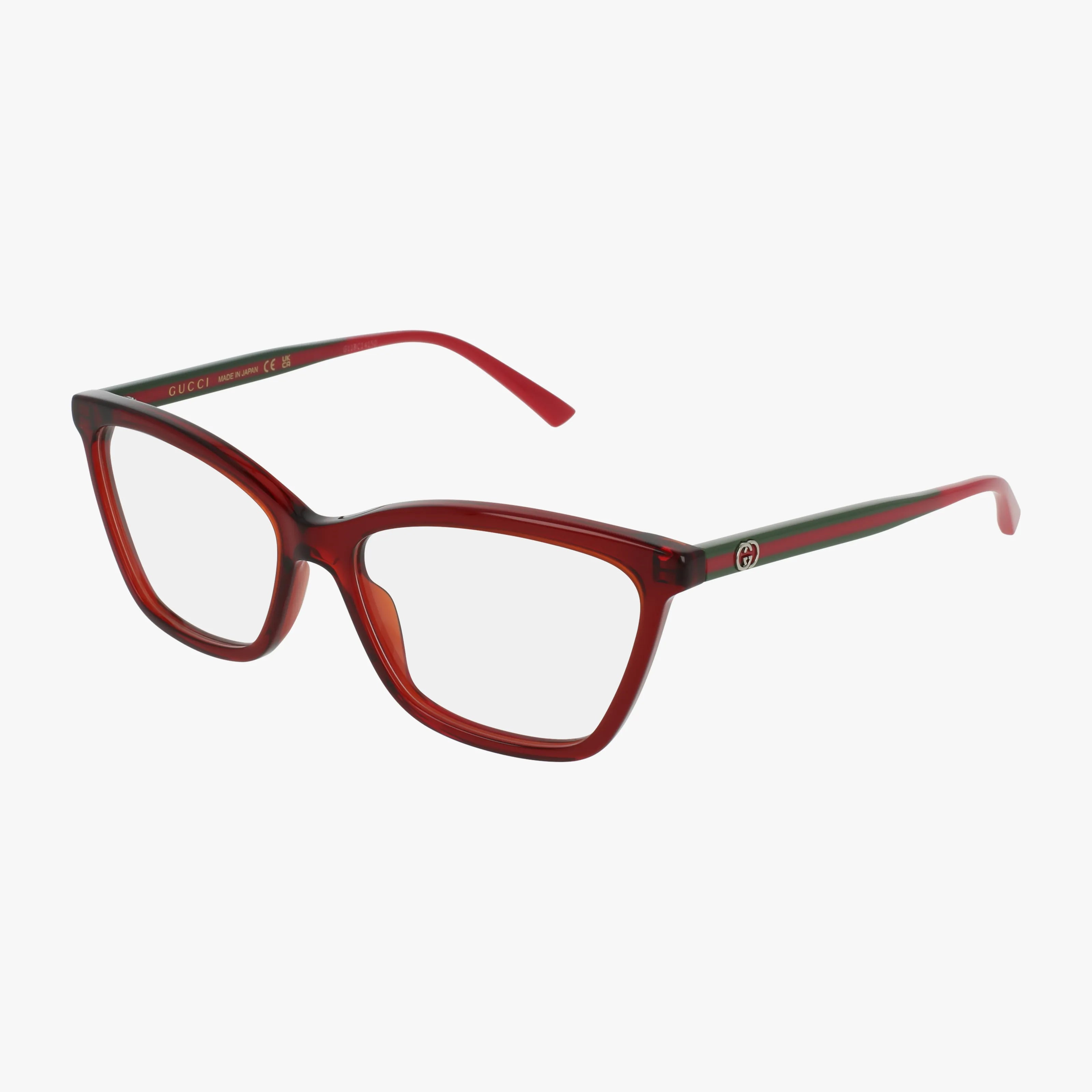 The 1989O features rectangular red frames with clear lenses and subtle temple branding, offering a modern, distinctive look against a plain white background.