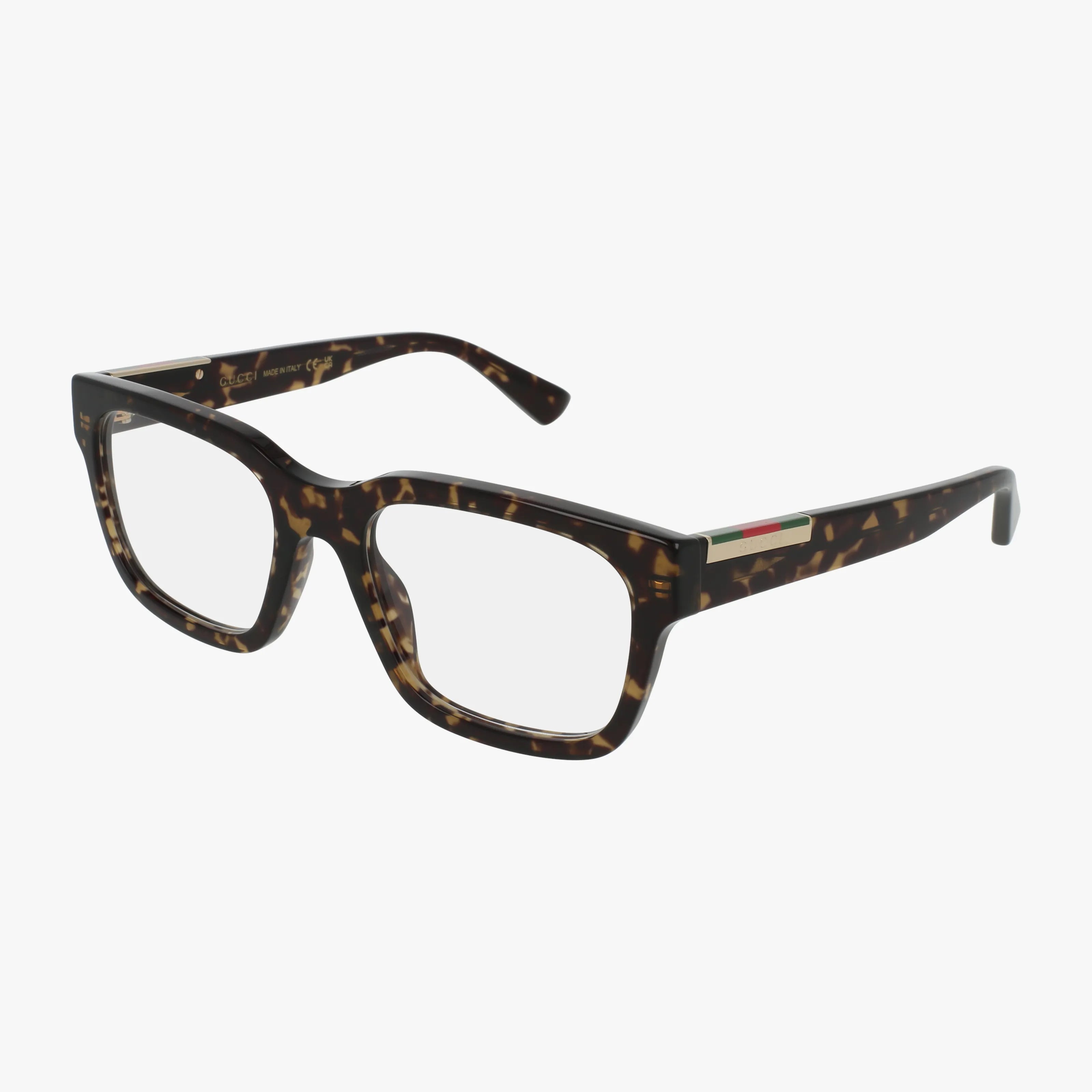 The 1961O is a pair of rectangular eyeglasses with thick tortoiseshell frames, clear blue light lenses, and a subtle green, white, and red striped detail on the temple arm—ideal for stylish eyewear enthusiasts.