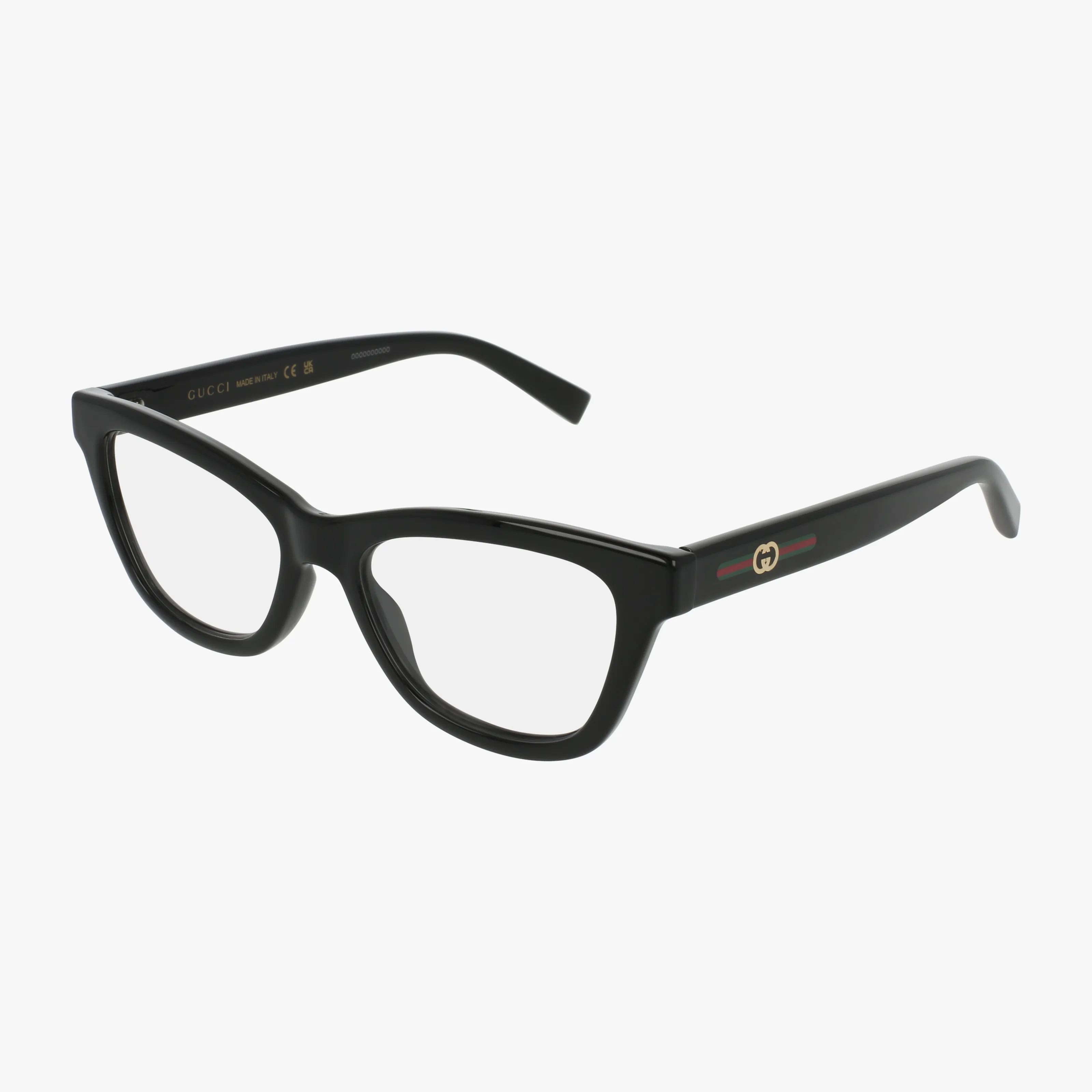 The 1983O features black rectangular eyeglasses with a luxurious, thick yet lightweight frame, gold Gucci logo on the temples, and subtle red and green striping, all displayed against a plain white background.