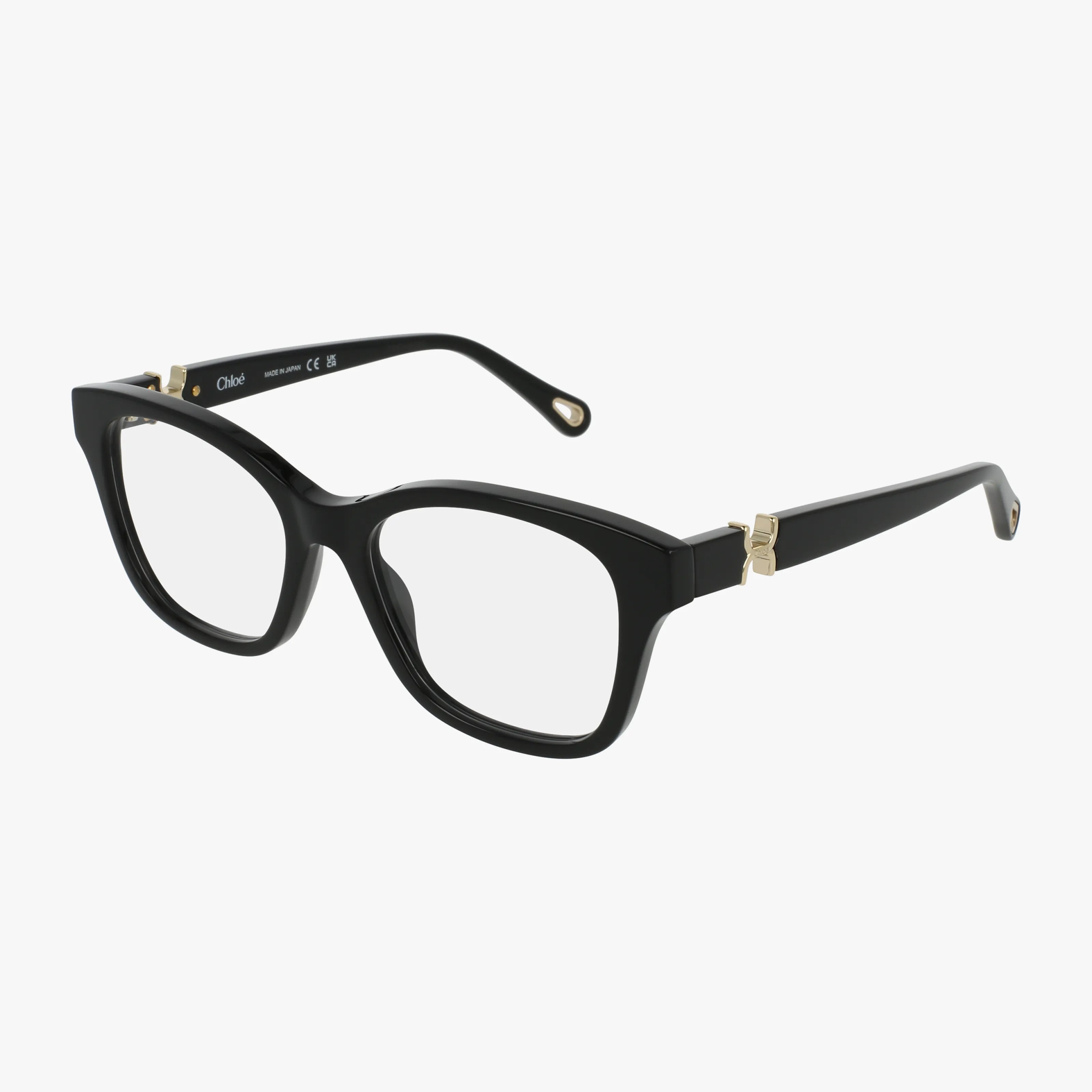 The CH0334O eyeglasses feature black rectangular thick frames with gold-accented hinges, shown against a white background.