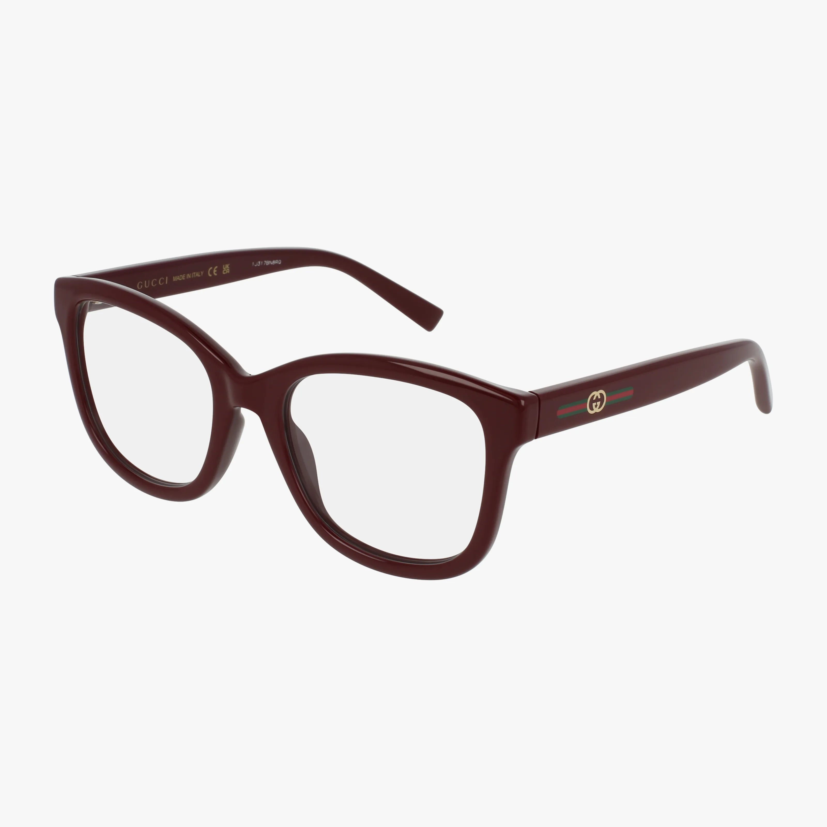 The GG2104O eyeglasses feature burgundy rectangular frames, clear lenses, the Gucci logo, and a red and green stripe on the temple.