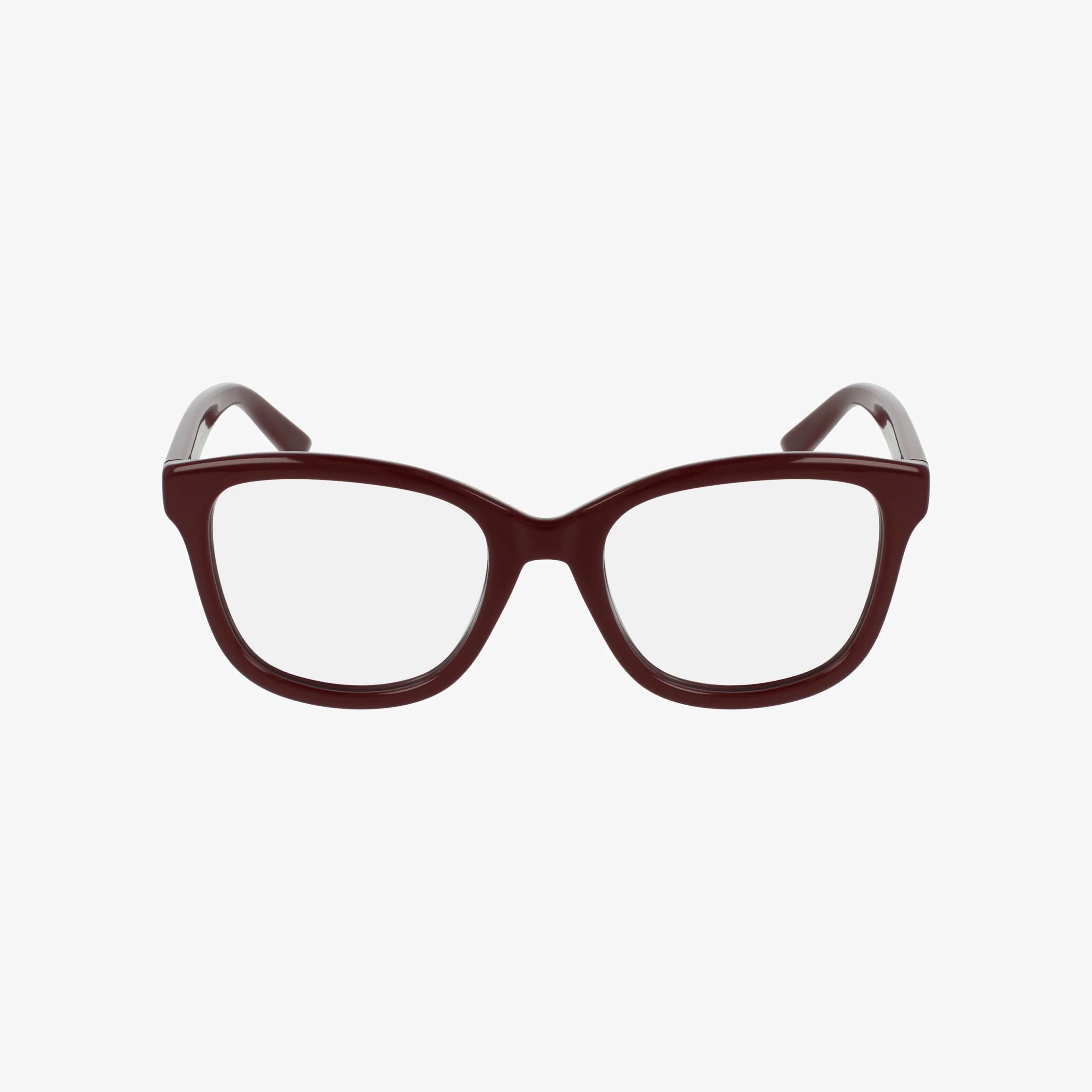 The GG2104O eyeglasses feature dark red, thick rectangular frames and clear lenses, displayed against a plain white background.
