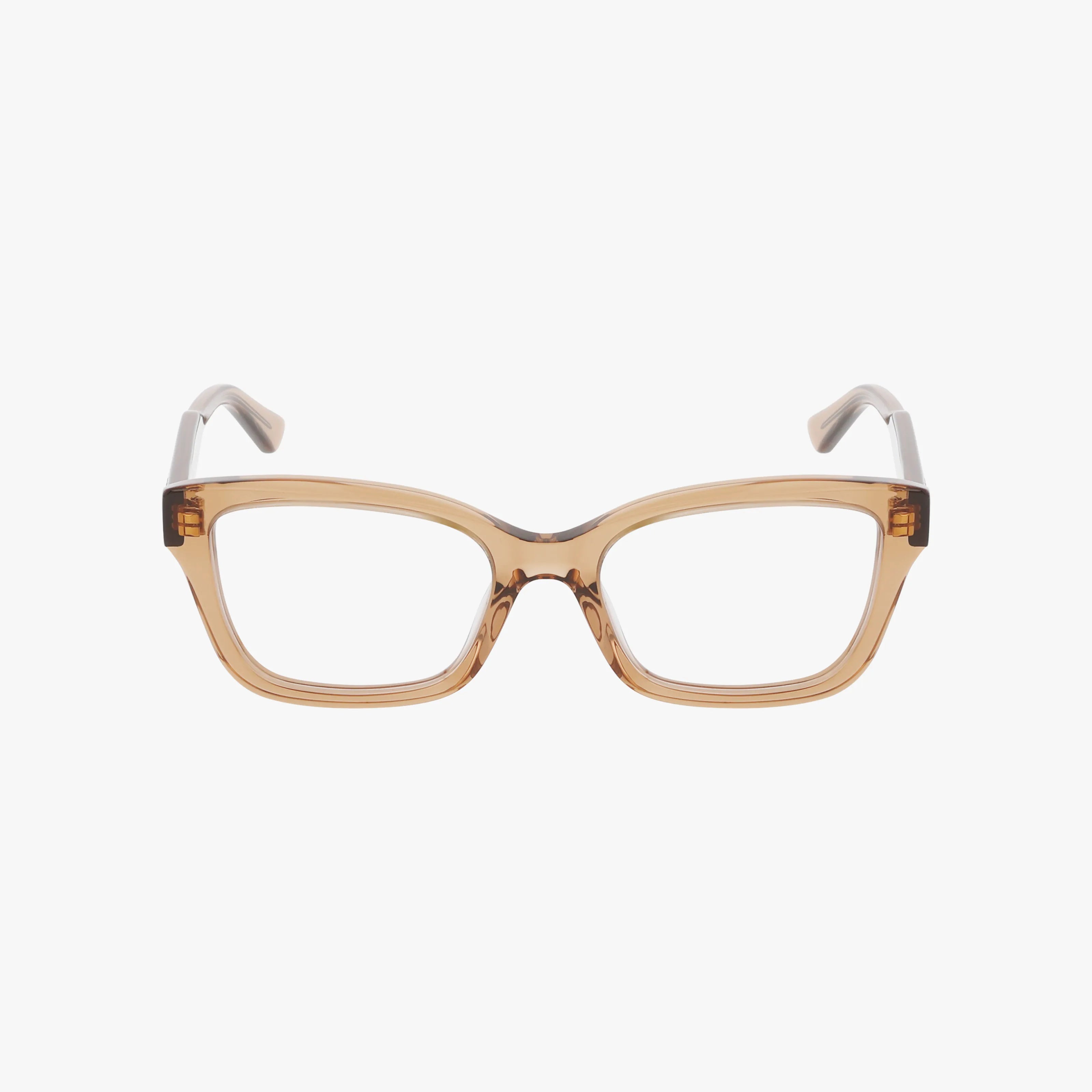 The CH0380O features rectangular eyeglasses with thick, transparent light brown frames and clear temple tips, displayed on a plain white background.