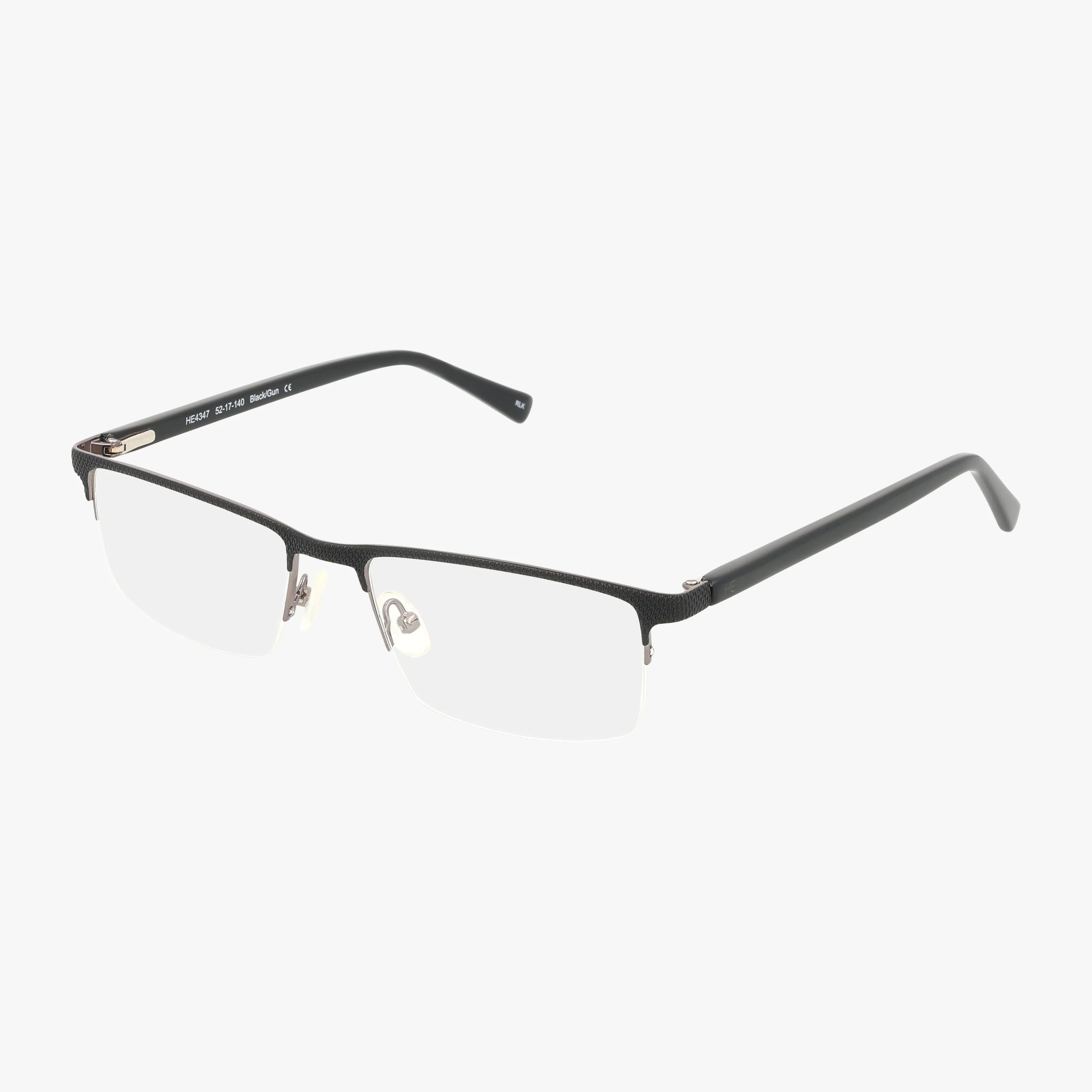 The 4347 is a pair of semi-rimless eyeglasses with a stylish black frame and rectangular Transitions lenses, featuring adjustable nose pads and straight temple arms for a secure fit, shown on a white background.