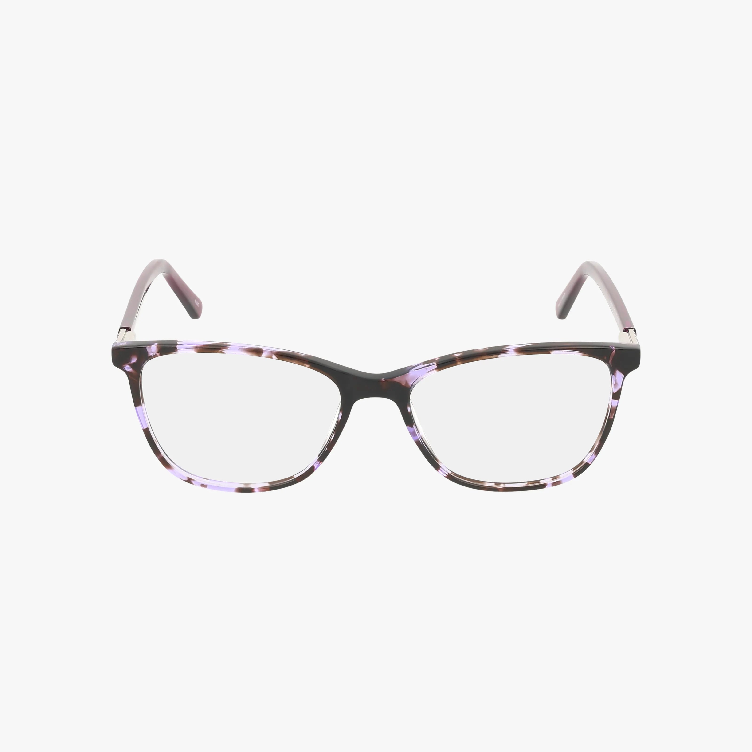 The AV584S eyeglasses feature durable, rectangular frames with a tortoiseshell pattern in dark brown and light purple shades. Shown on a white background, this stylish eyewear brings a modern touch to any look.