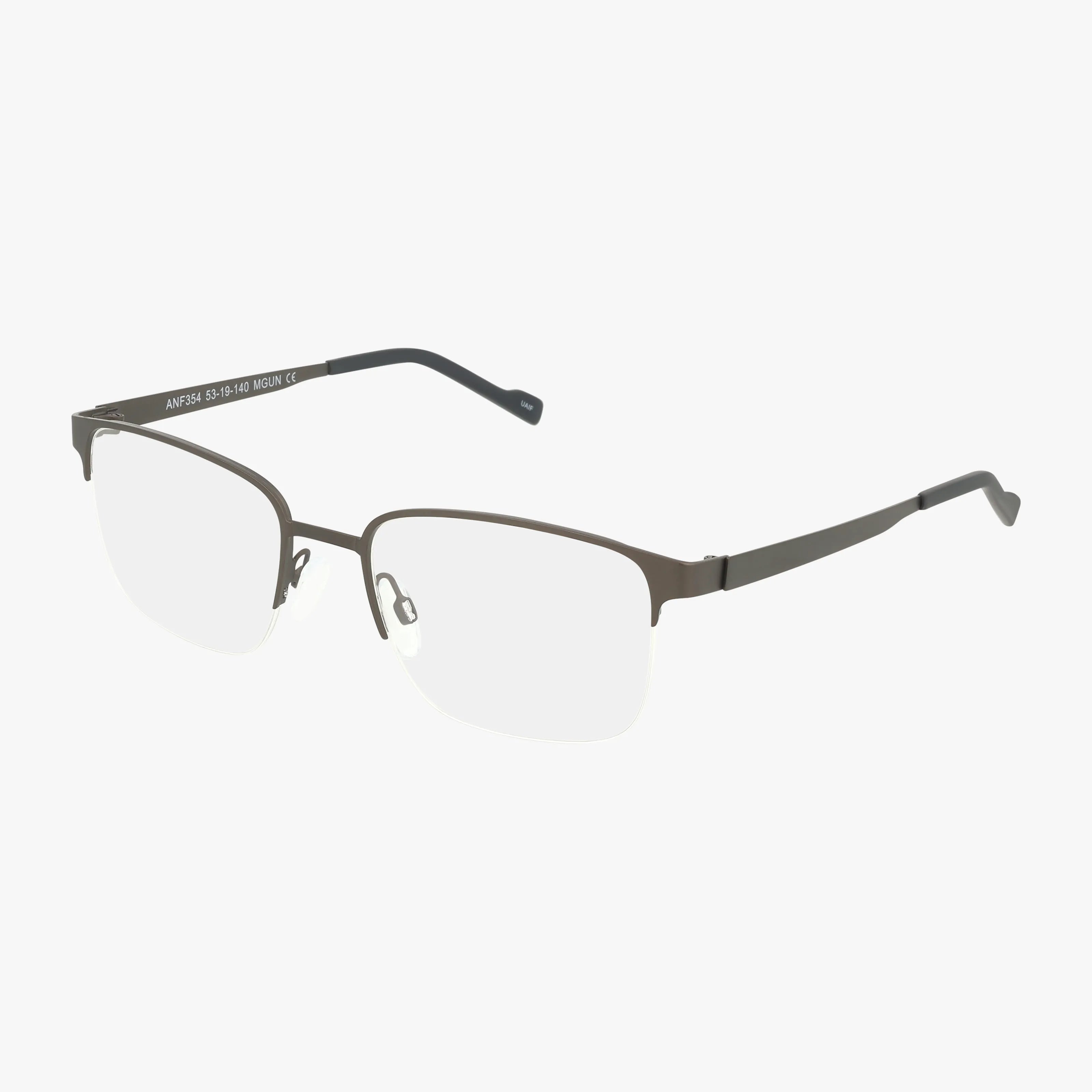 The ANF354 features rectangular, semi-rimless eyeglasses with a refined thin dark metal frame and black temple arms, displayed on a white background.