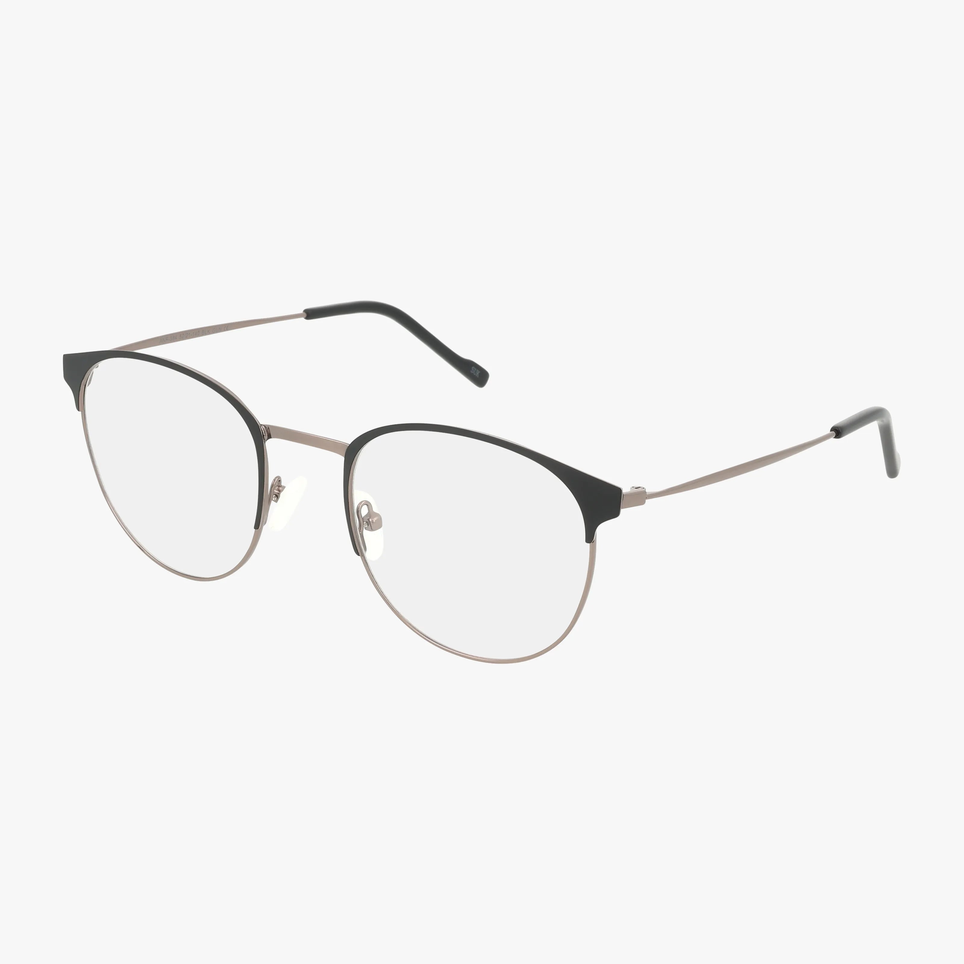 The ANF364 features round, metal frames with sleek design, thin silver arms, clear lenses, and black accents atop the rims—stylish and versatile eyewear showcased on a white background.
