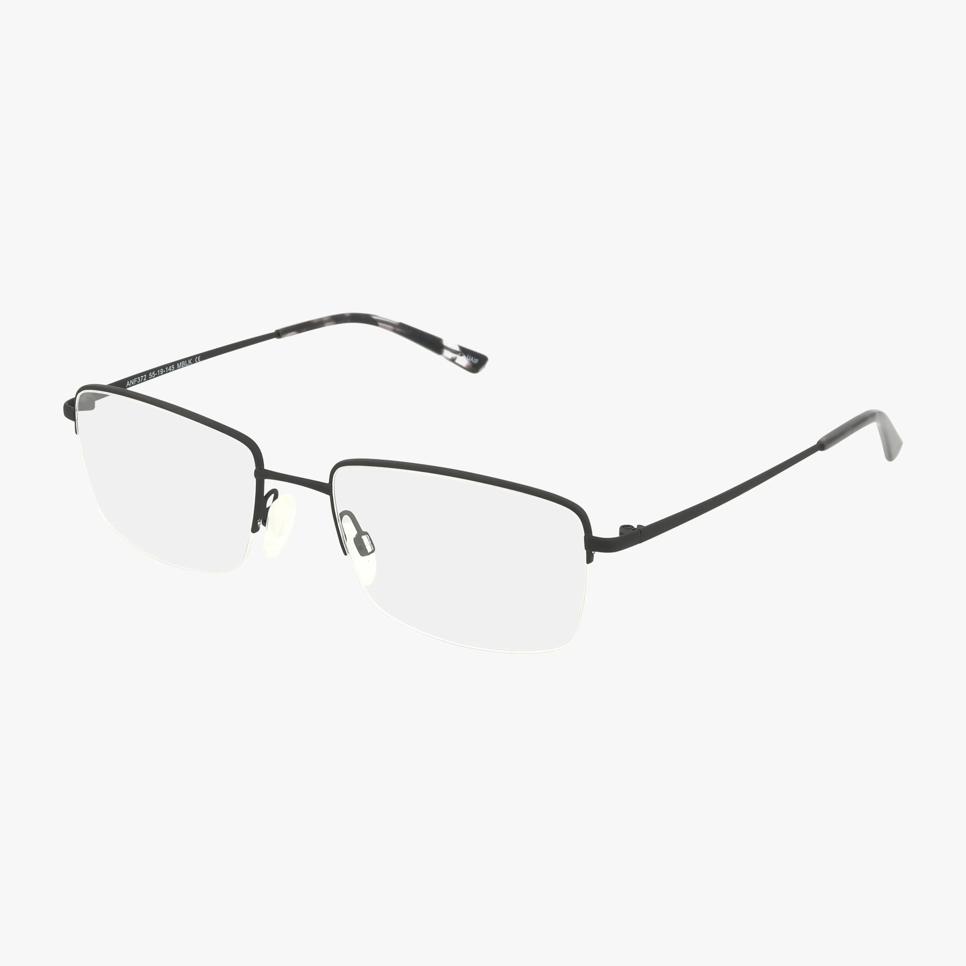 The ANF372 eyeglasses feature a semi-rimless design with thin black metal rims, clear lenses, lightweight frame, and black temple tips, shown on a white background.