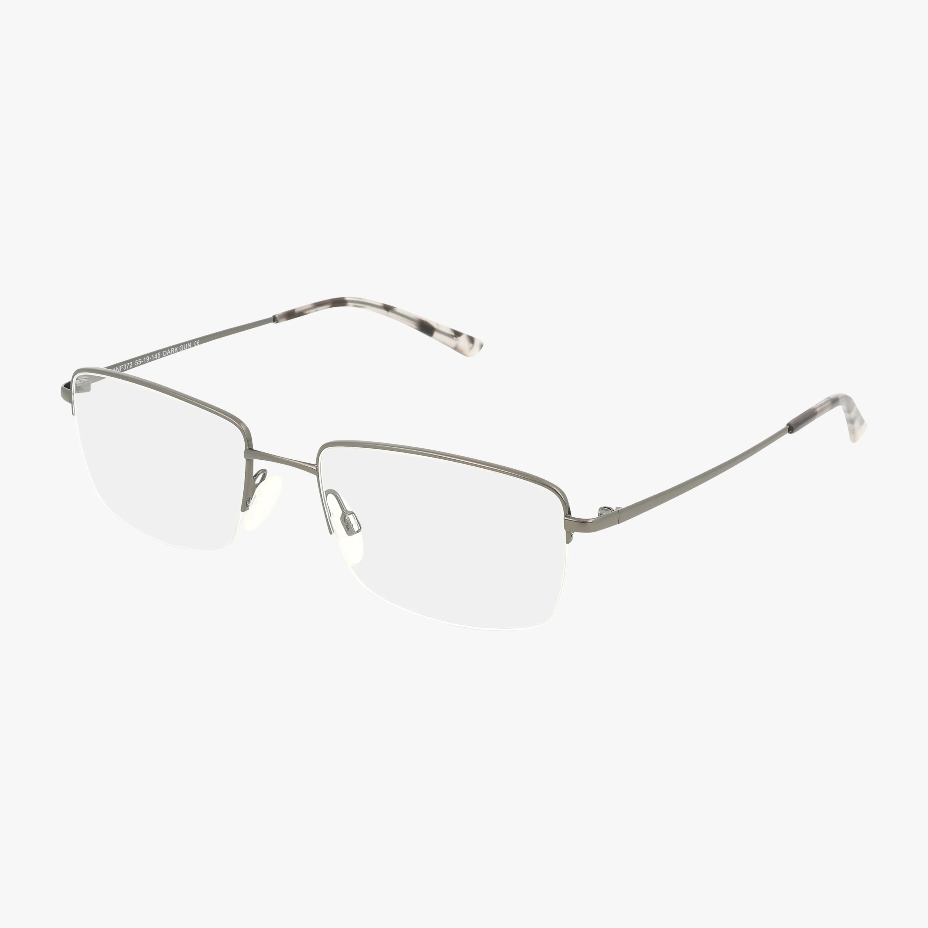 The ANF372 features thin, silver semi-rimless frames with rectangular lenses and clear adjustable nose pads, displayed on a plain white background.