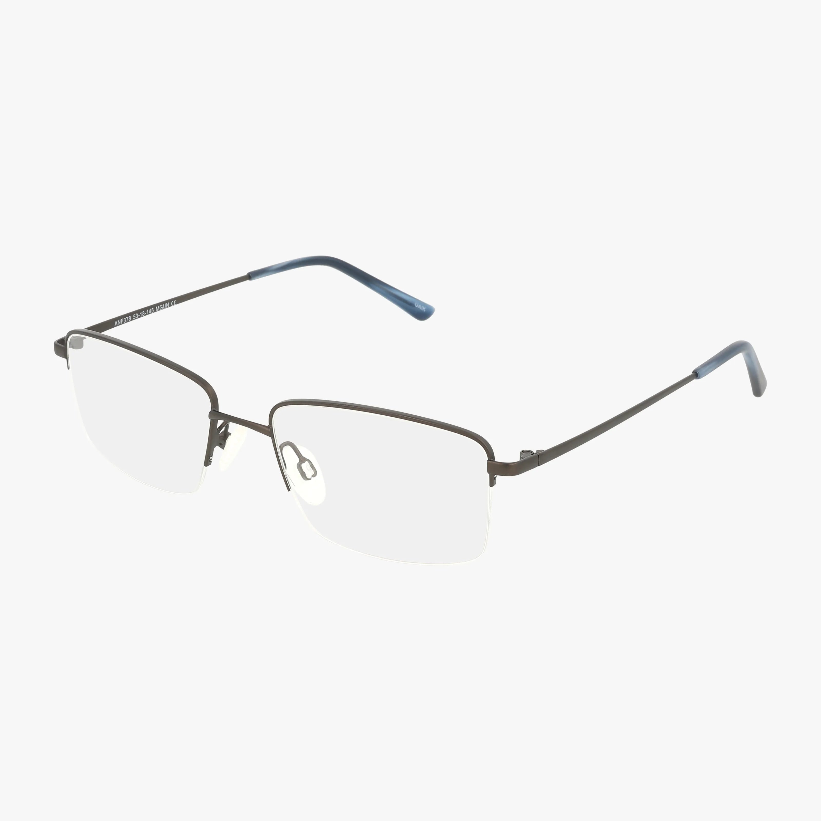 The ANF378 features semi-rimless eyeglasses with thin dark metal frames and clear lenses. Robust yet elegant, they have straight temples with blue tips and clear nose pads for stylish comfort, shown against a white background.