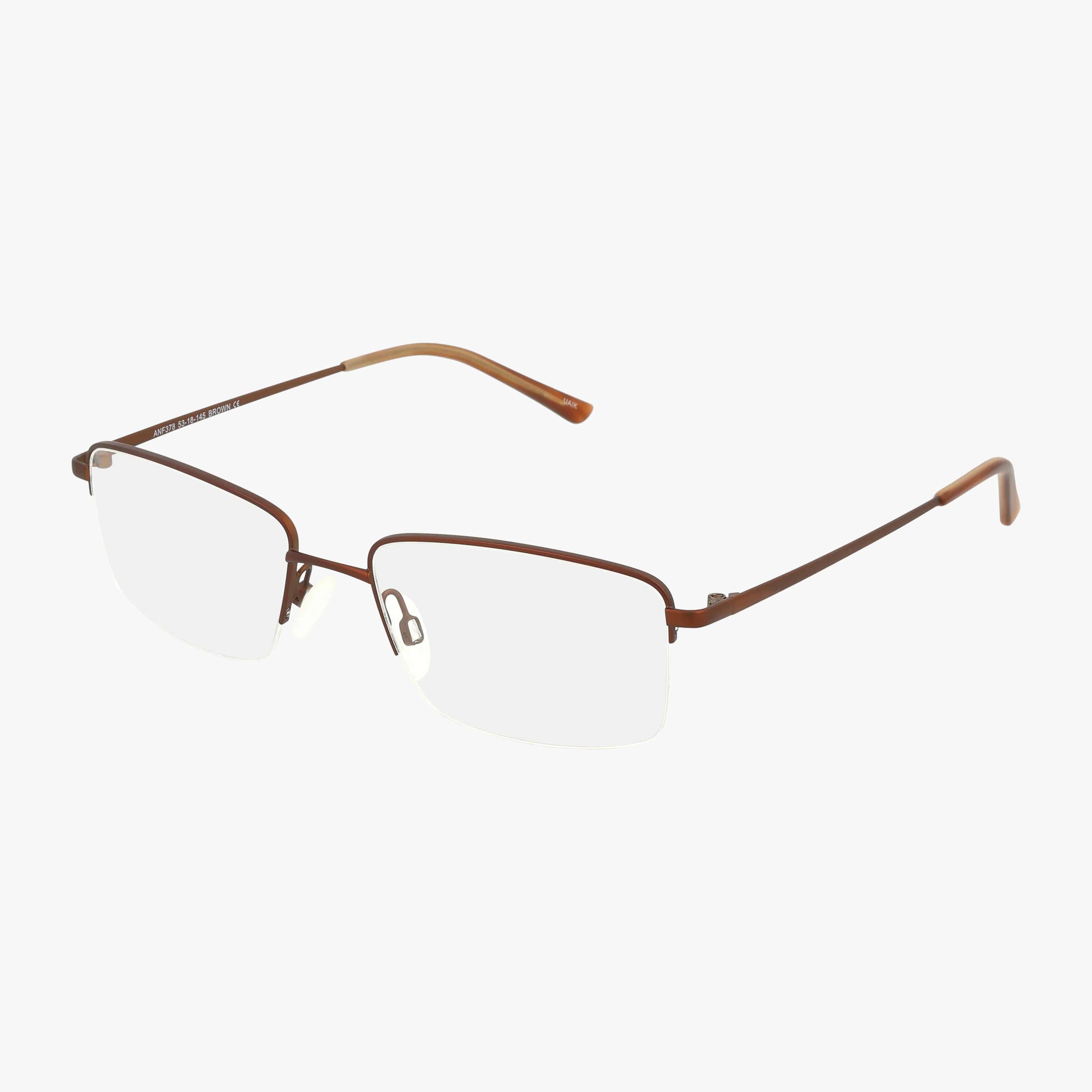The ANF378 eyeglasses feature a brown, semi-rimless rectangular design with thin metal frames and clear nose pads—crafted for lasting elegance and everyday vision benefits.