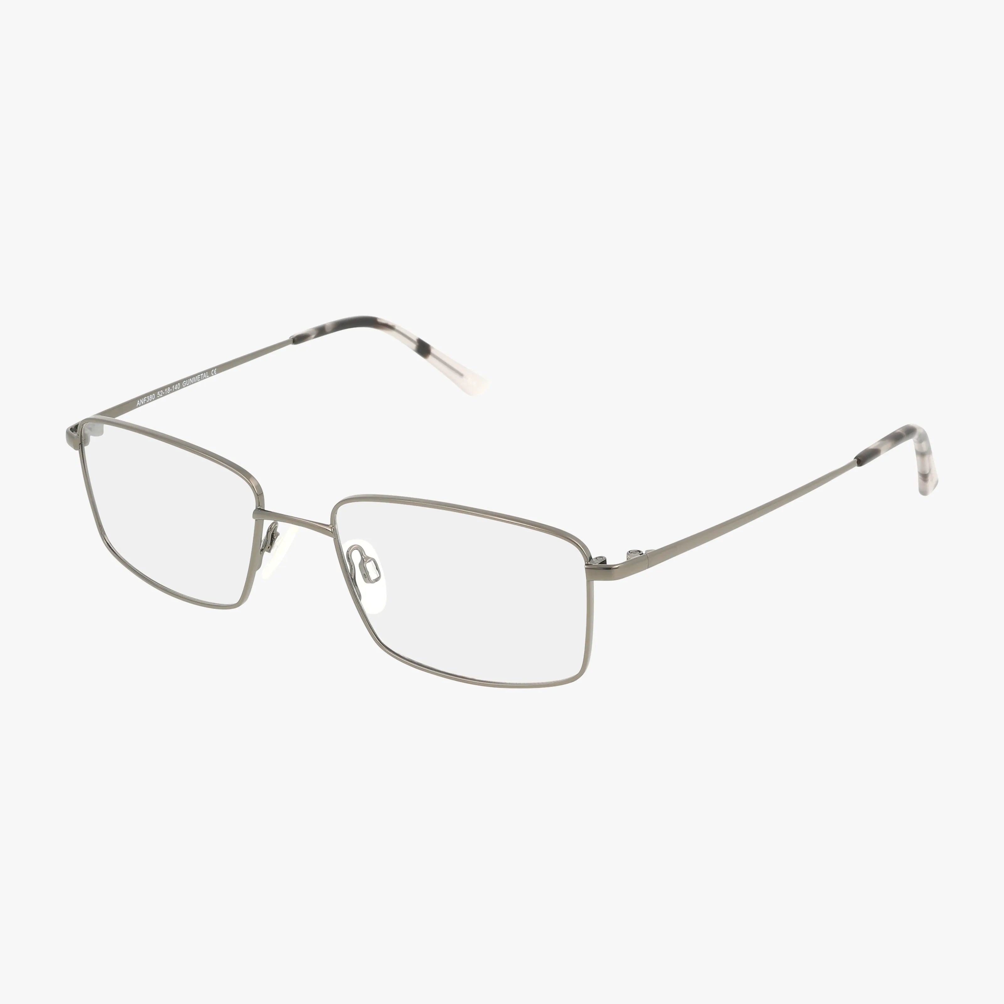 The ANF380 features rectangular, silver metal eyeglass frames with lightweight, thin temples, displayed against a white background.