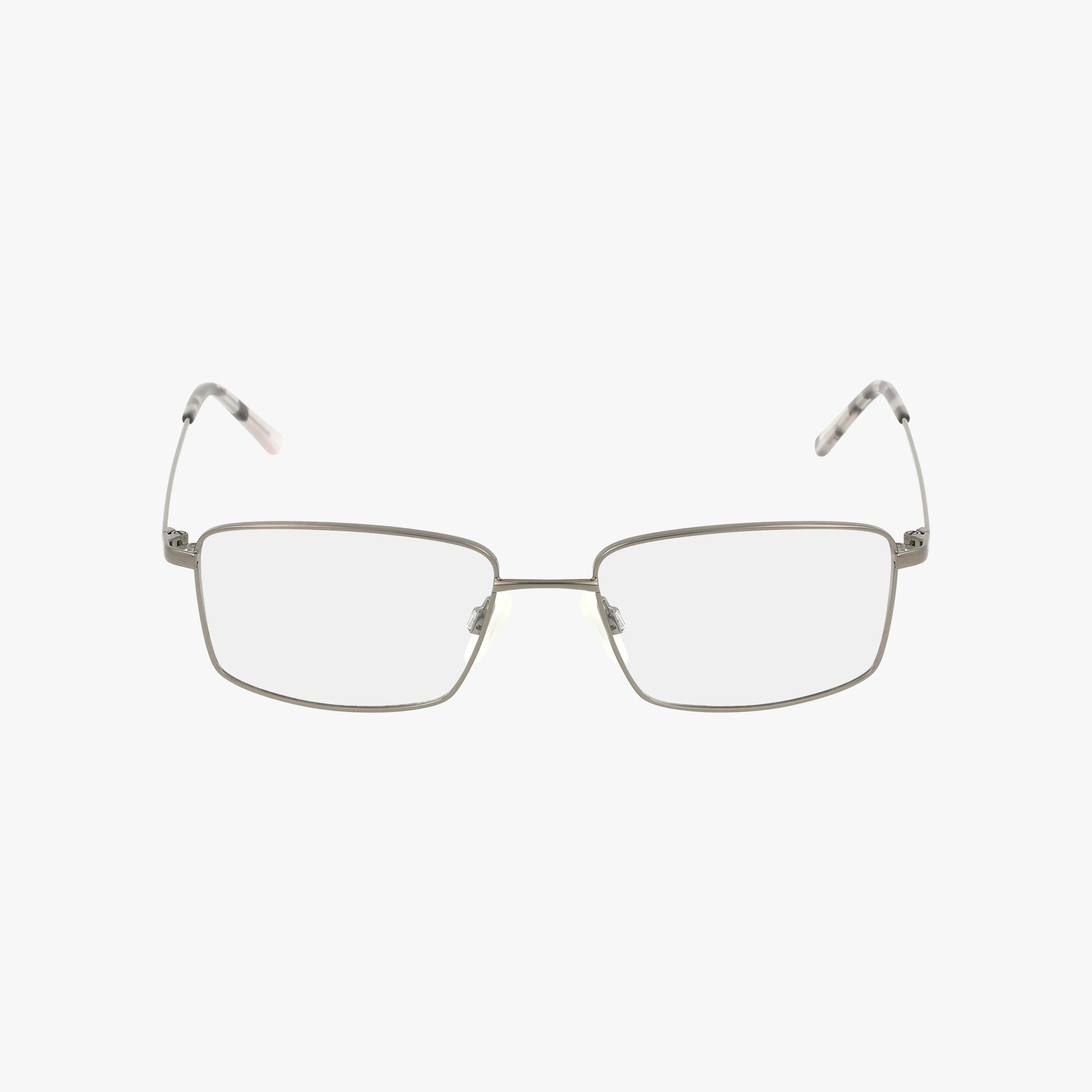 The ANF380 eyeglasses feature a rectangular, rimmed, minimalist frame in thin metallic silver with clear prescription lenses. Lightweight temples display a subtle pattern near the hinges. Shown against a plain white background.