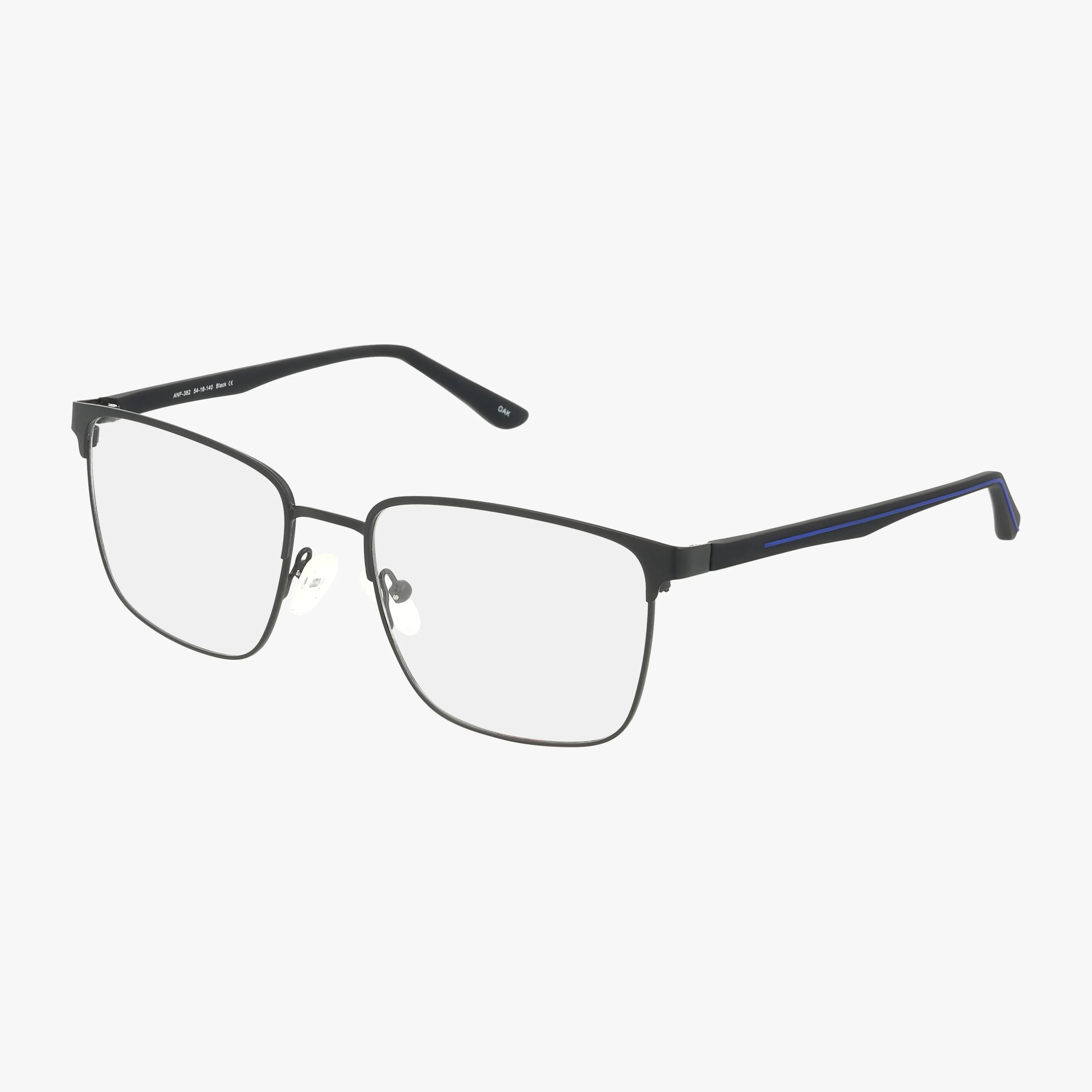The ANF382 is a pair of black rectangular eyeglasses with a durable frame, clear lenses, adjustable nose pads, and subtle blue temple accents, displayed on a plain white background.