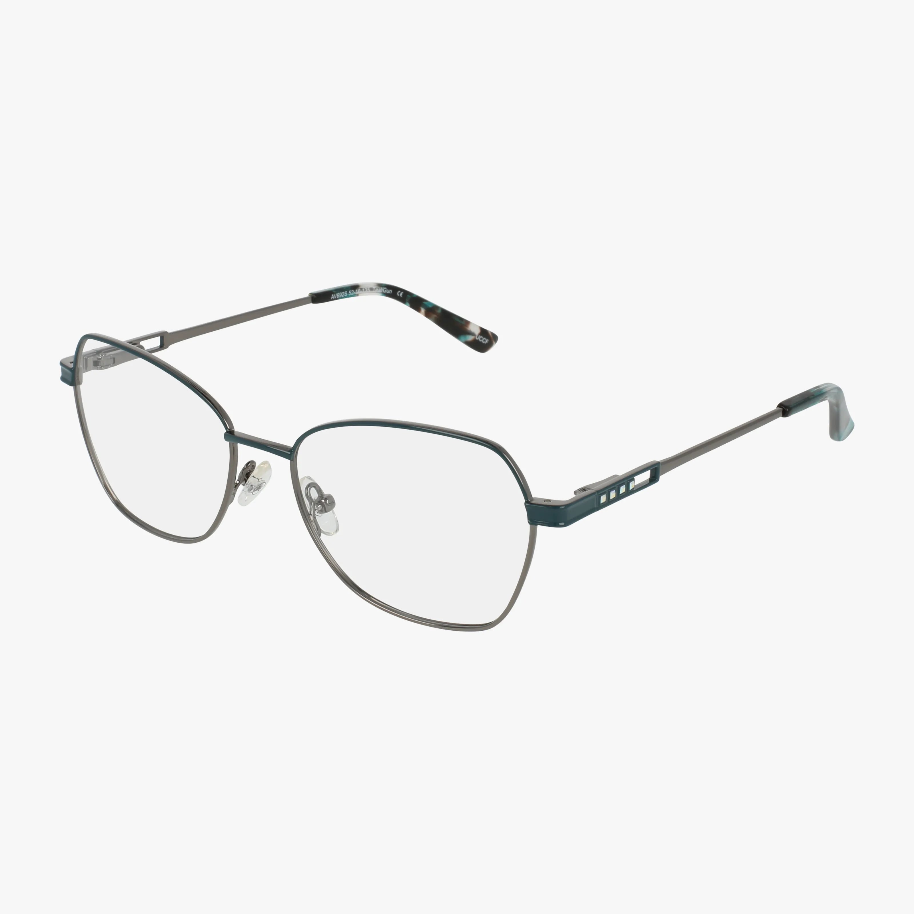 The AV692 eyeglasses feature a versatile metal frame with thin dark rims, clear prescription lenses, adjustable nose pads, and subtly detailed temples finished with plastic tips.