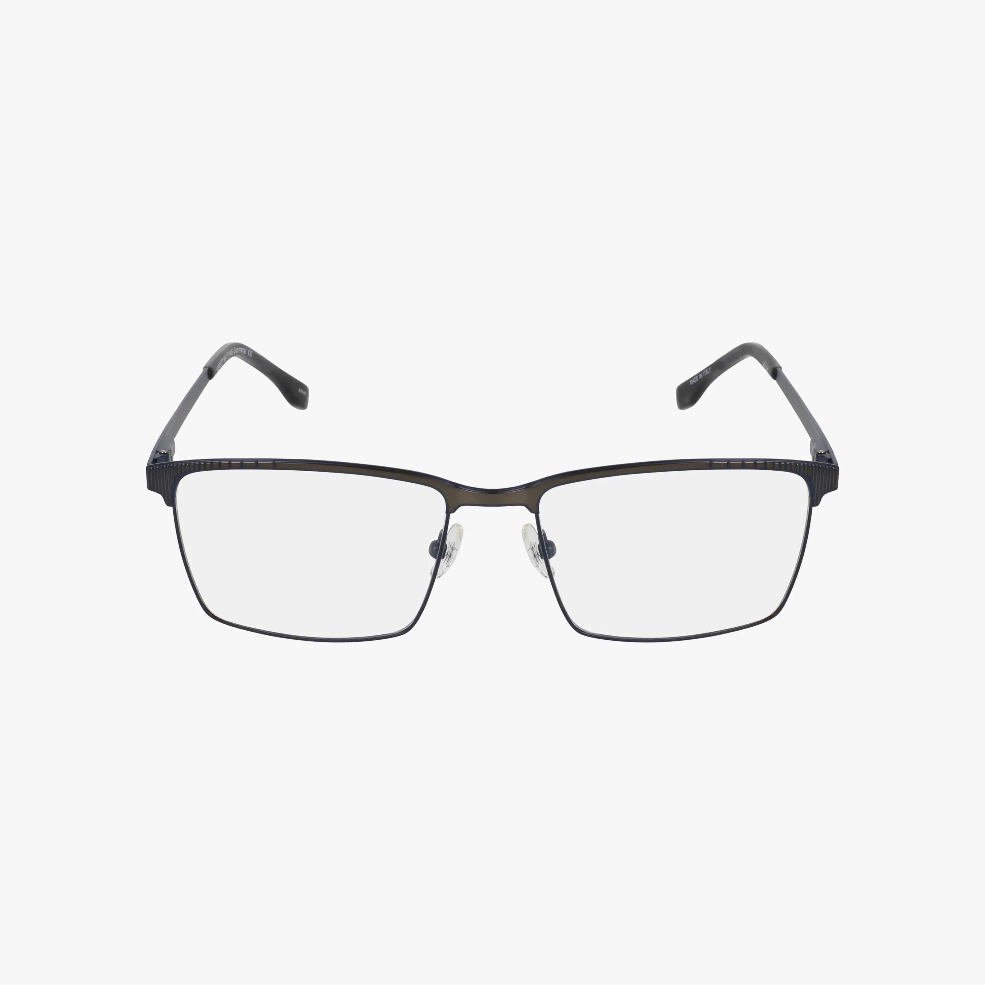 The HE4527 is a pair of black rectangular eyeglasses with clear lenses, thin metal frames, and adjustable nose pads, featuring a refined design and displayed against a plain white background.