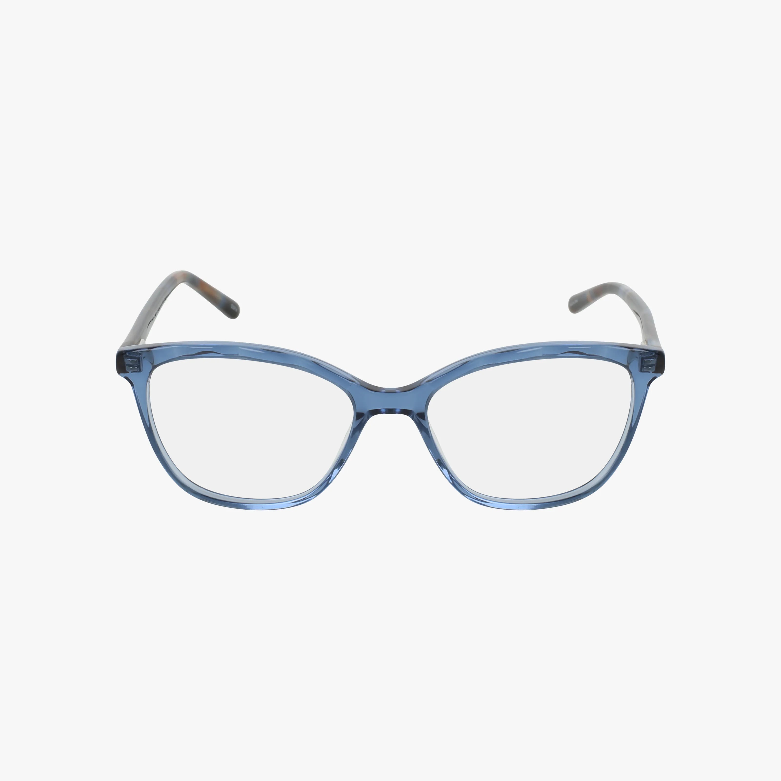The AV700 features blue, translucent cat-eye frames with clear lenses and superior craftsmanship. The subtle upward curve at the edges and gently curved temples offer a refined look, showcased against a white background.