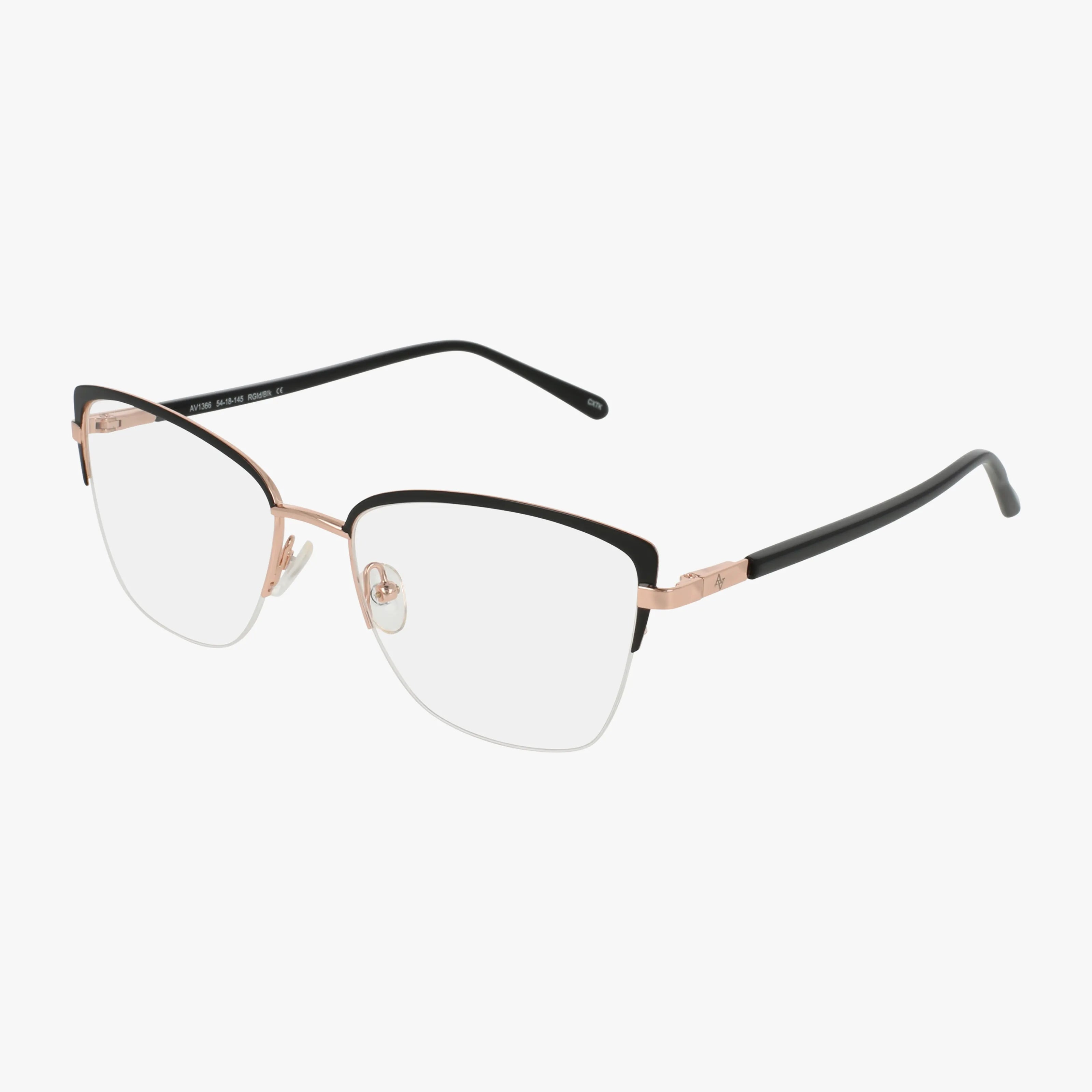 The AV1366 eyeglasses feature a black and rose gold semi-rimless cat-eye frame and clear lenses, offering classic style. Shown on a white background.