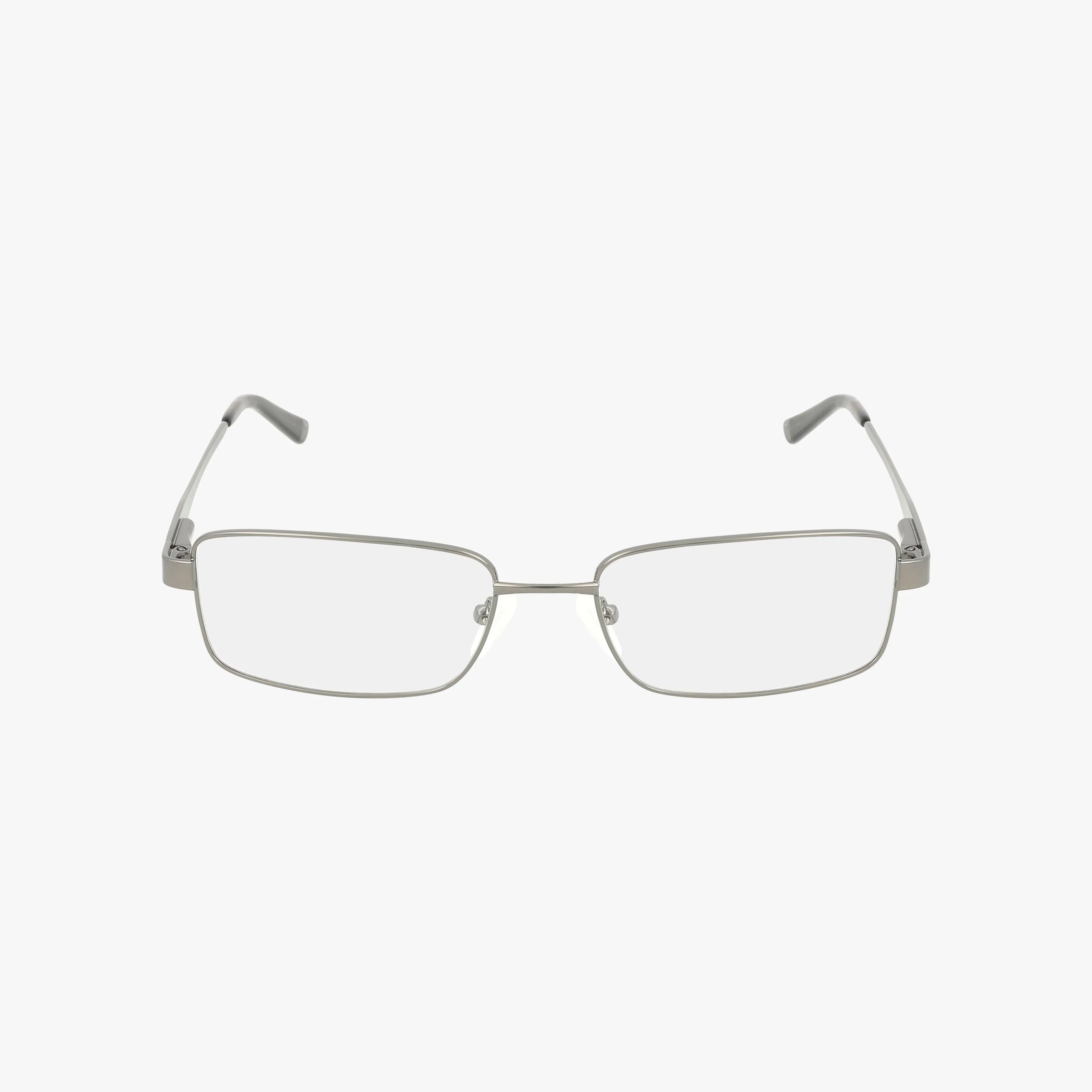 The ANF338 eyeglasses feature a rectangular, silver metal frame with clear lenses and thin, durable construction, shown on a white background.